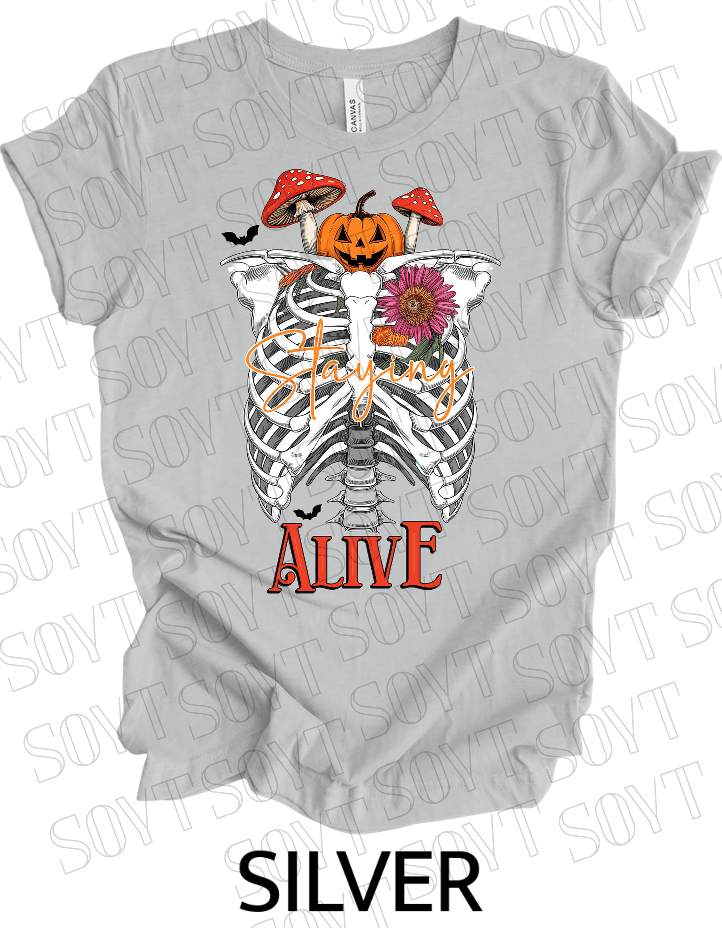 "Skeleton Rib Cage" Halloween T-Shirt – Gothic Anatomical Graphic Tee - Festive Apparel StoreSilver