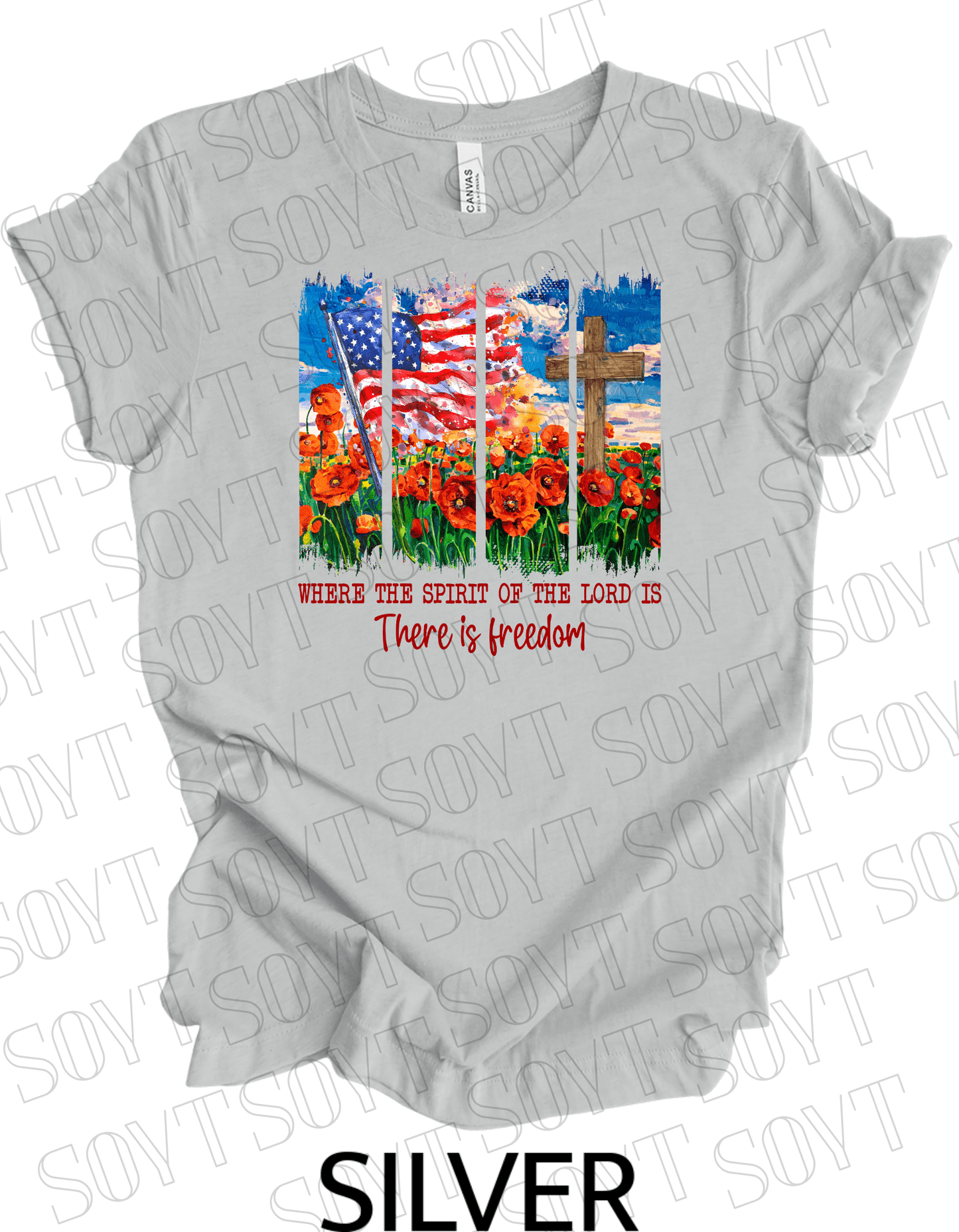 Spirit of the Lord Freedom T-Shirt – Christian Patriotic Poppy Flag Tee | Made in USA - Festive Apparel StoreSilver