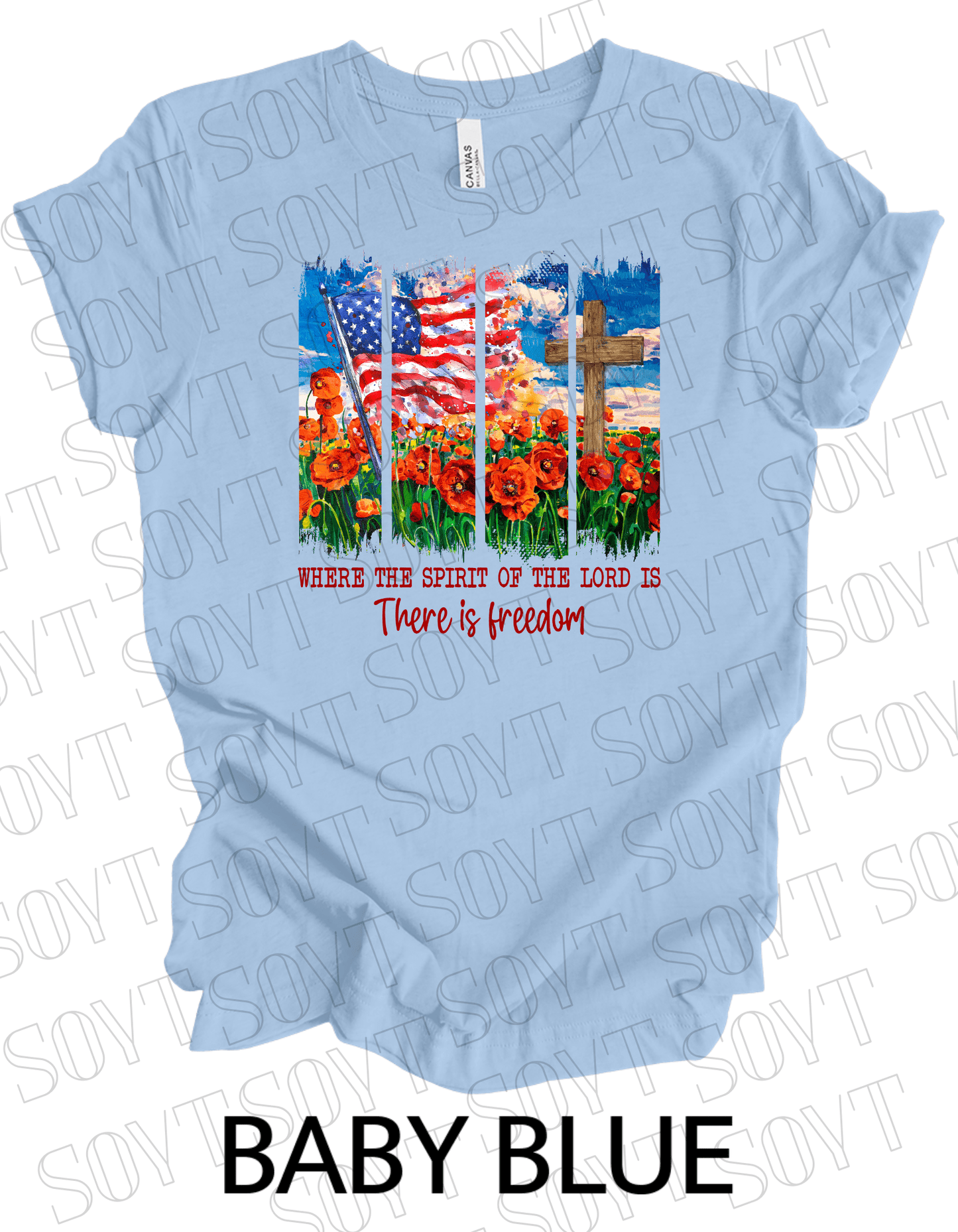 Spirit of the Lord Freedom T-Shirt – Christian Patriotic Poppy Flag Tee | Made in USA - Festive Apparel StoreBaby Blue