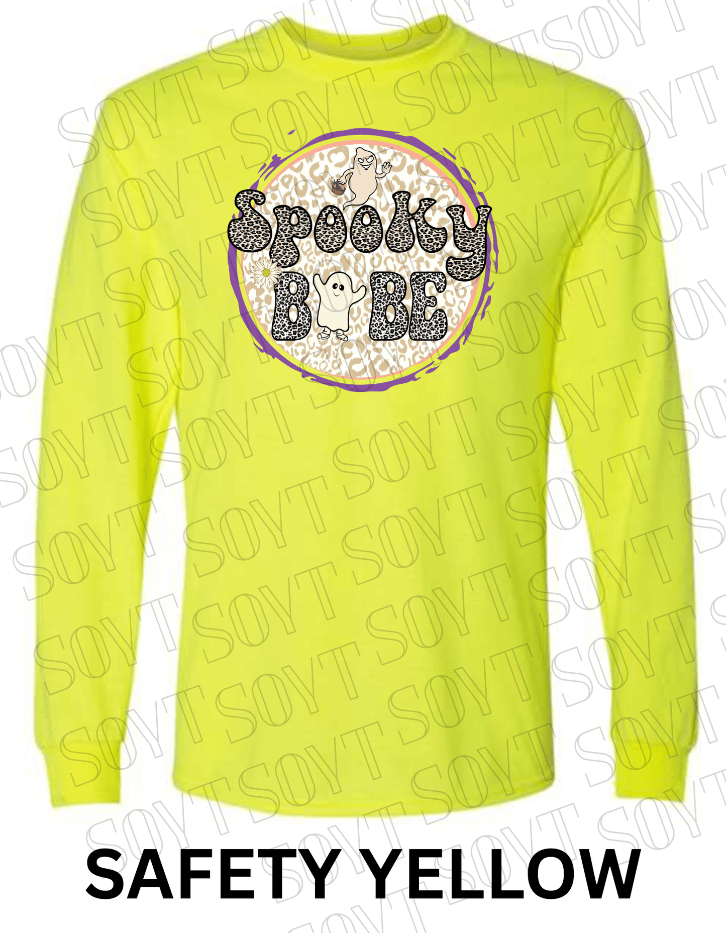 Spooky Babe Halloween Long Sleeve – Leopard Print Ghost & Rainbow Fall Shirt - Festive Apparel StoreSafety Yellow