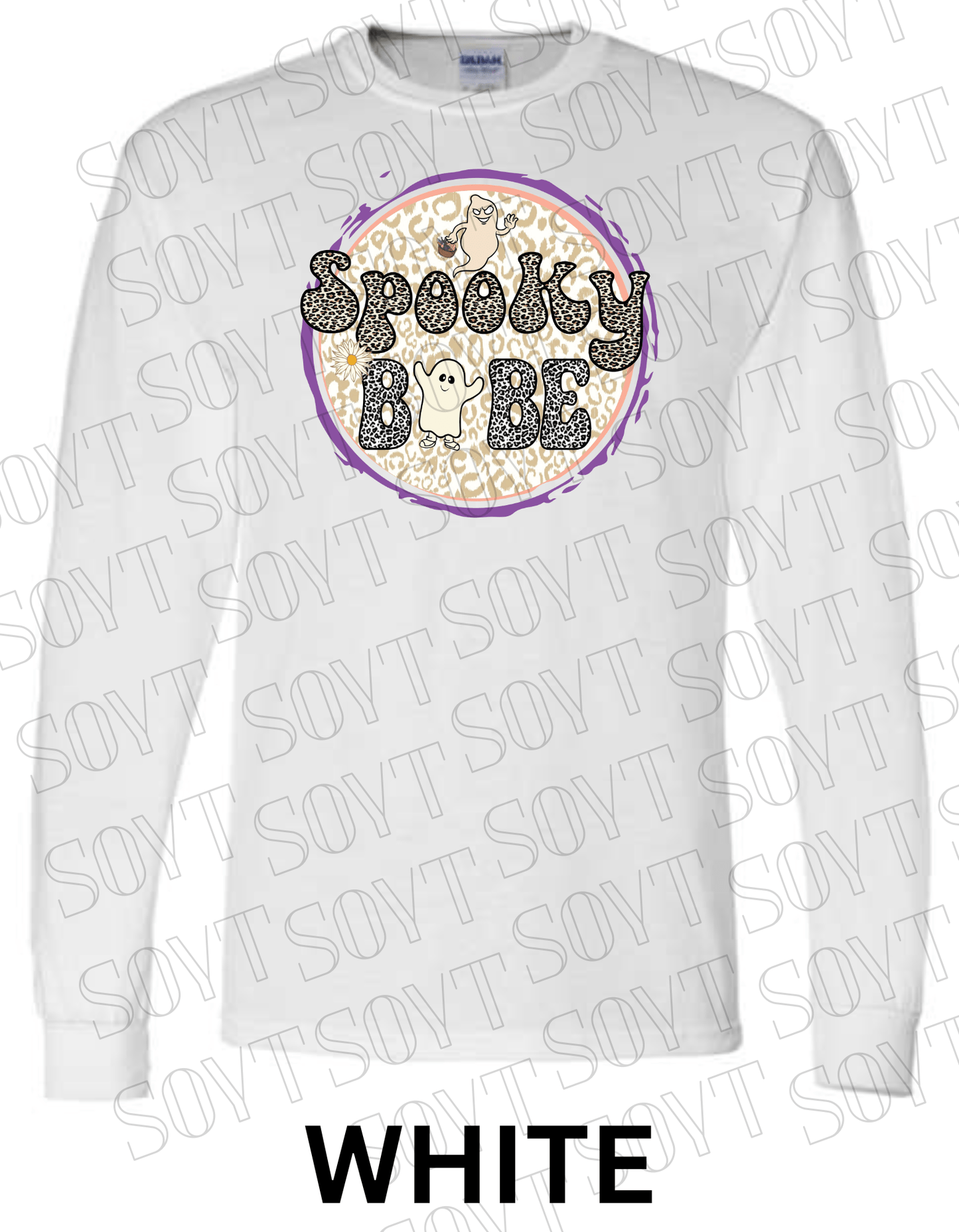 Spooky Babe Halloween Long Sleeve – Leopard Print Ghost & Rainbow Fall Shirt - Festive Apparel StoreWhite