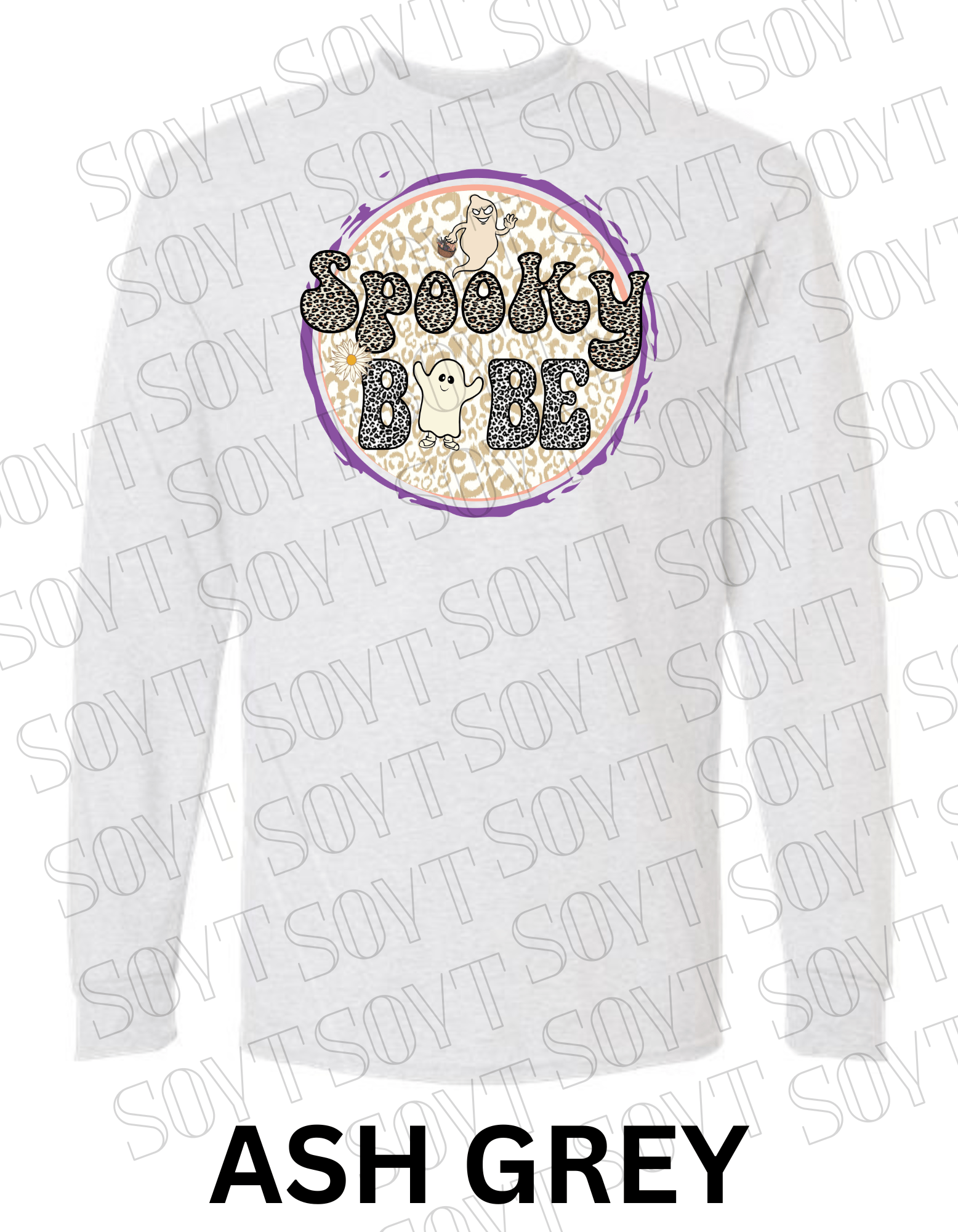 Spooky Babe Halloween Long Sleeve – Leopard Print Ghost & Rainbow Fall Shirt - Festive Apparel StoreAsh Gray