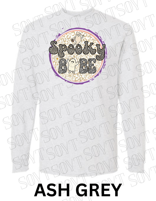 Spooky Babe Halloween Long Sleeve – Leopard Print Ghost & Rainbow Fall Shirt - Festive Apparel StoreAsh Gray