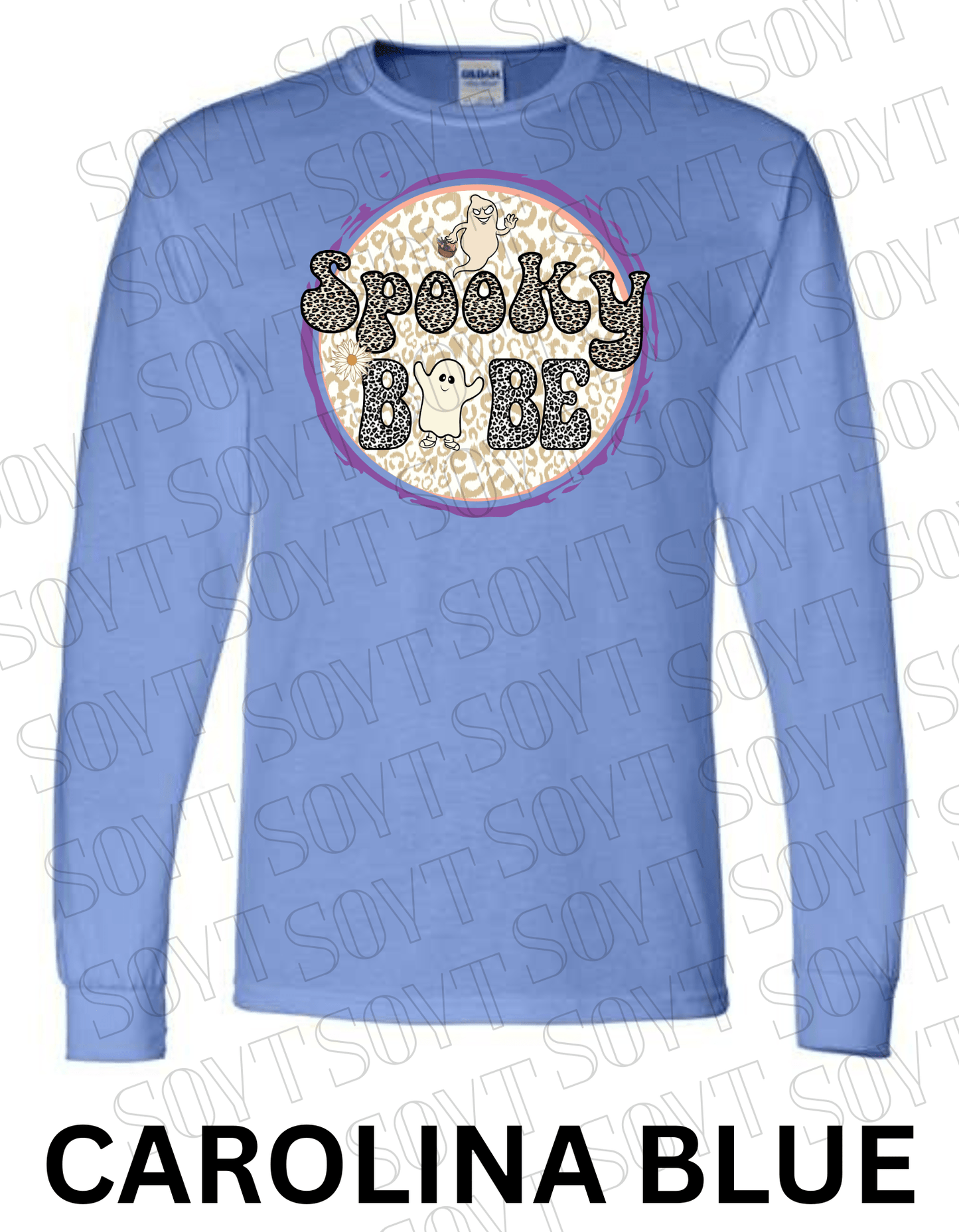 Spooky Babe Halloween Long Sleeve – Leopard Print Ghost & Rainbow Fall Shirt - Festive Apparel StoreCarolina Blue