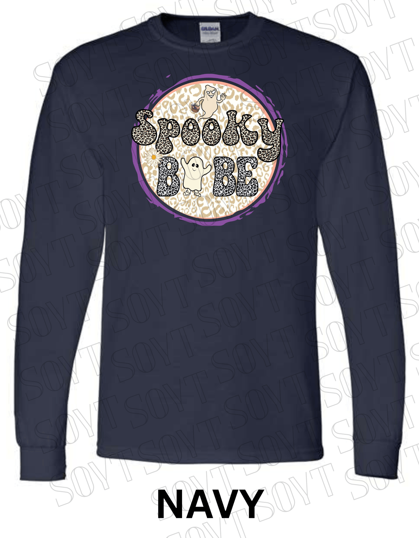 Spooky Babe Halloween Long Sleeve – Leopard Print Ghost & Rainbow Fall Shirt - Festive Apparel StoreNavy Blue