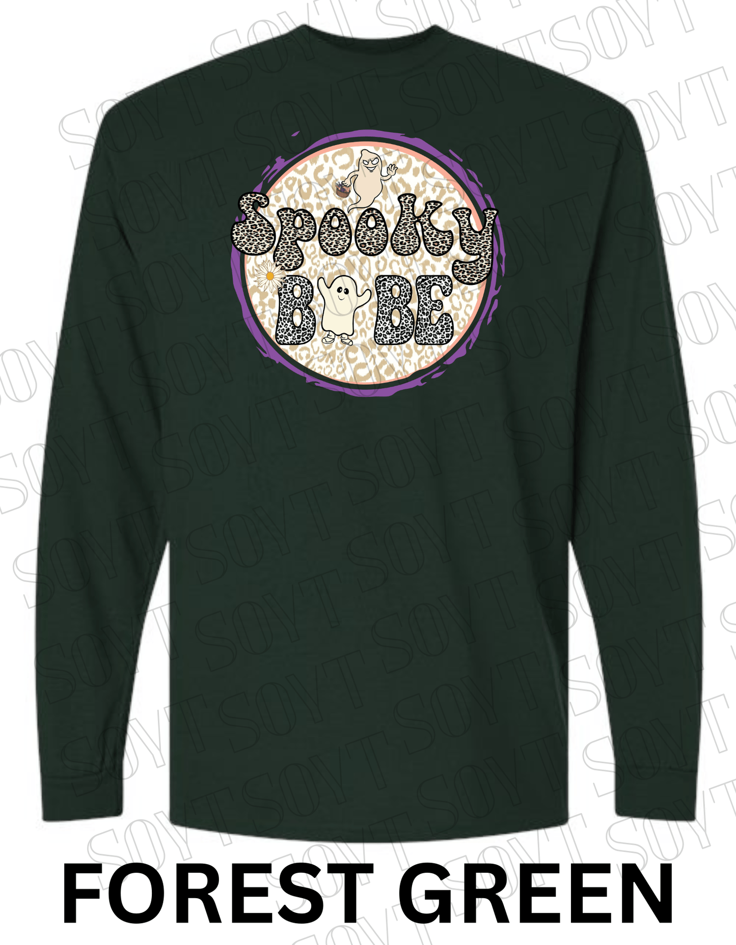 Spooky Babe Halloween Long Sleeve – Leopard Print Ghost & Rainbow Fall Shirt - Festive Apparel StoreForest Green