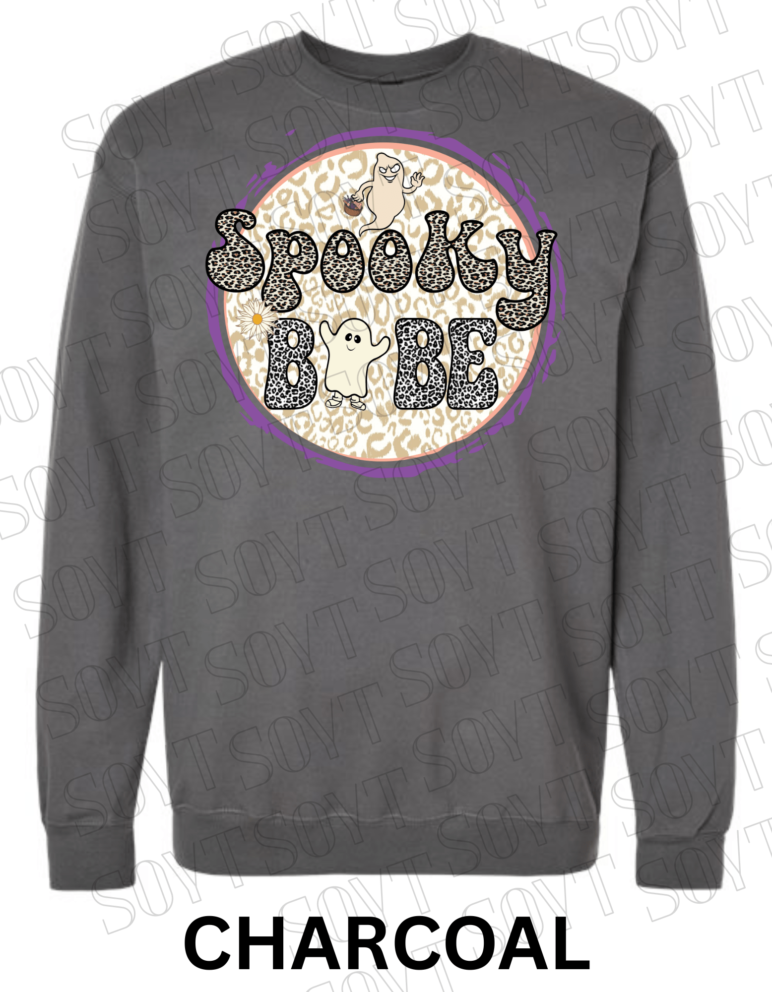 Spooky Babe Halloween Sweatshirt – Leopard Print Ghost & Rainbow Fleece Pullover - Festive Apparel StoreCharcoal