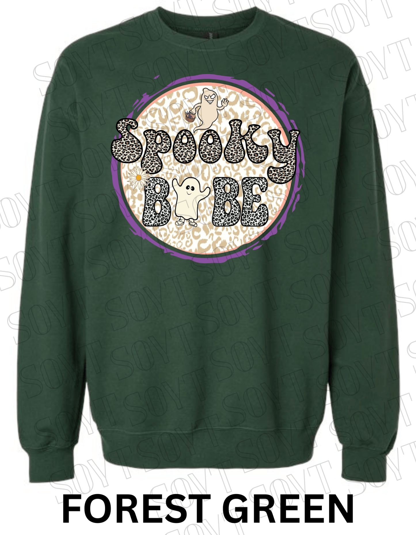 Spooky Babe Halloween Sweatshirt – Leopard Print Ghost & Rainbow Fleece Pullover - Festive Apparel StoreForest Green