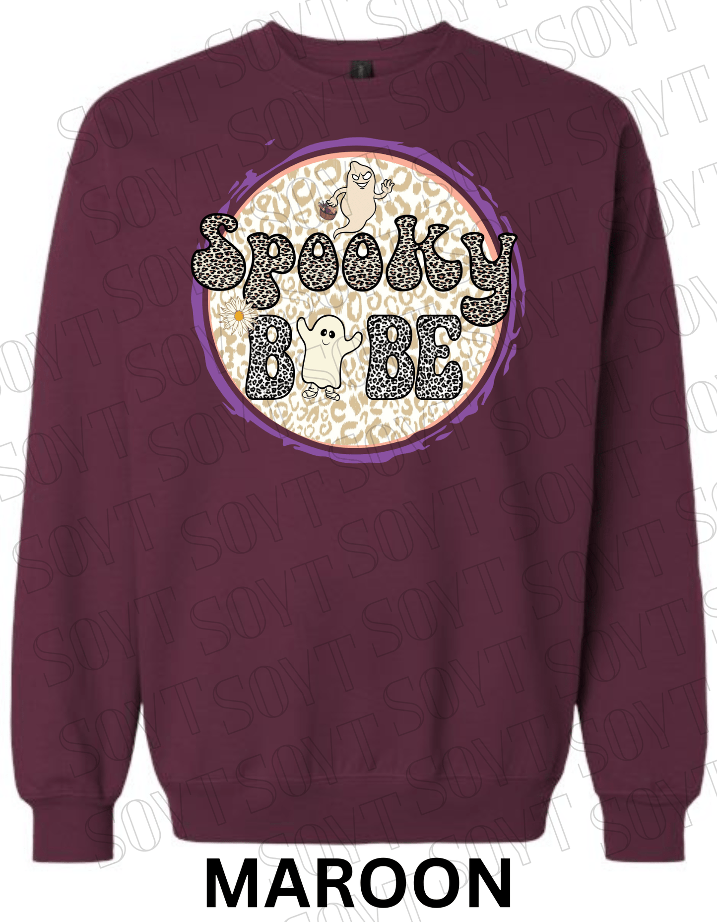 Spooky Babe Halloween Sweatshirt – Leopard Print Ghost & Rainbow Fleece Pullover - Festive Apparel StoreMaroon