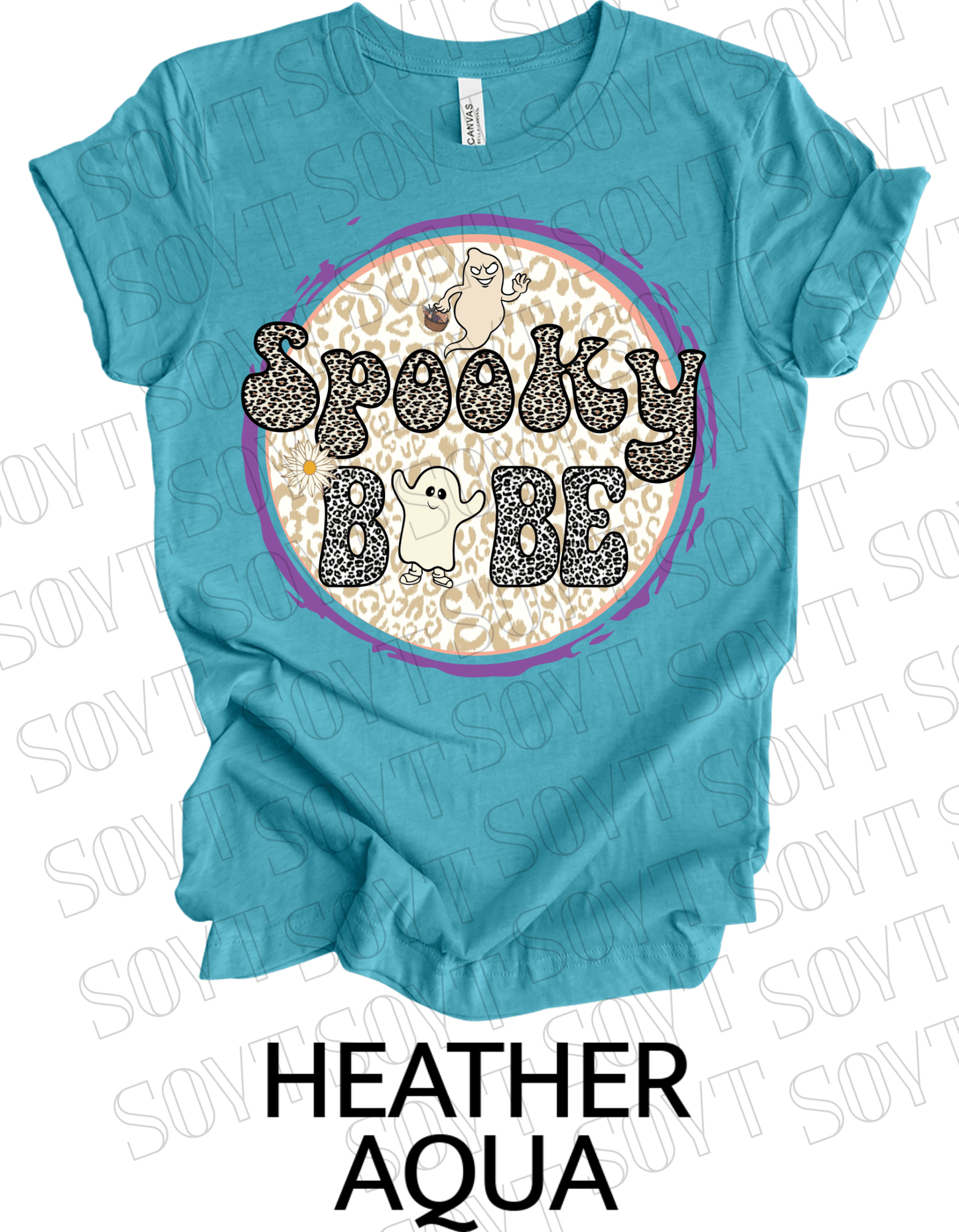 Spooky Babe Halloween T-Shirt – Leopard Print Ghost & Rainbow Fall Graphic Tee - Festive Apparel StoreHeather Aqua