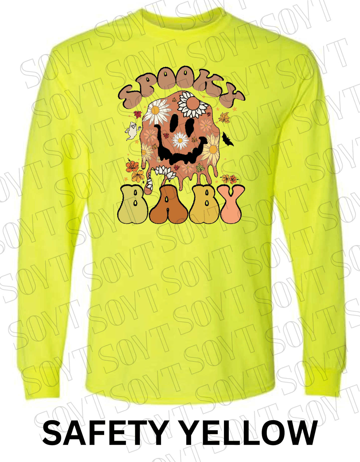 Spooky Baby Halloween Long Sleeve – Retro Floral Smiley Face & Fall Daisies Shirt - Festive Apparel StoreSafety Yellow