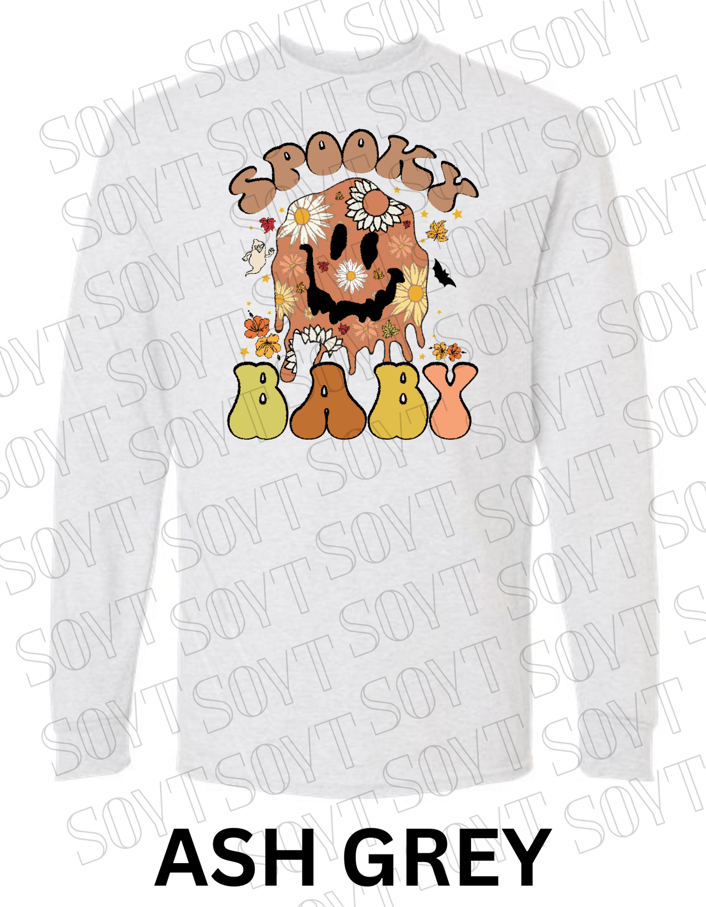 Spooky Baby Halloween Long Sleeve – Retro Floral Smiley Face & Fall Daisies Shirt - Festive Apparel StoreAsh Gray