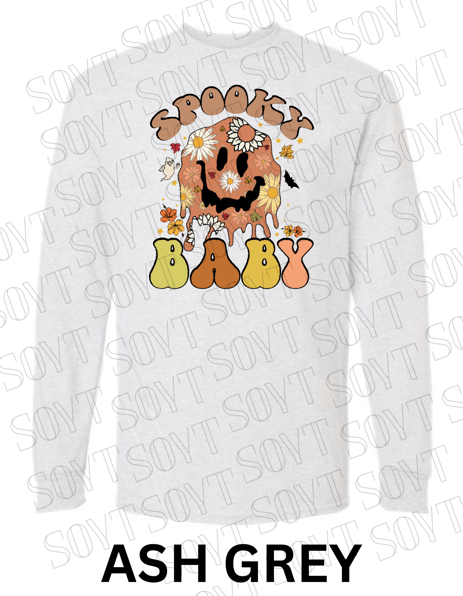Spooky Baby Halloween Long Sleeve – Retro Floral Smiley Face & Fall Daisies Shirt - Festive Apparel StoreAsh Gray