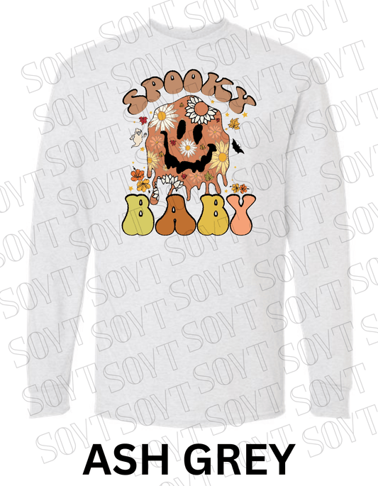 Spooky Baby Halloween Long Sleeve – Retro Floral Smiley Face & Fall Daisies Shirt - Festive Apparel StoreAsh Gray