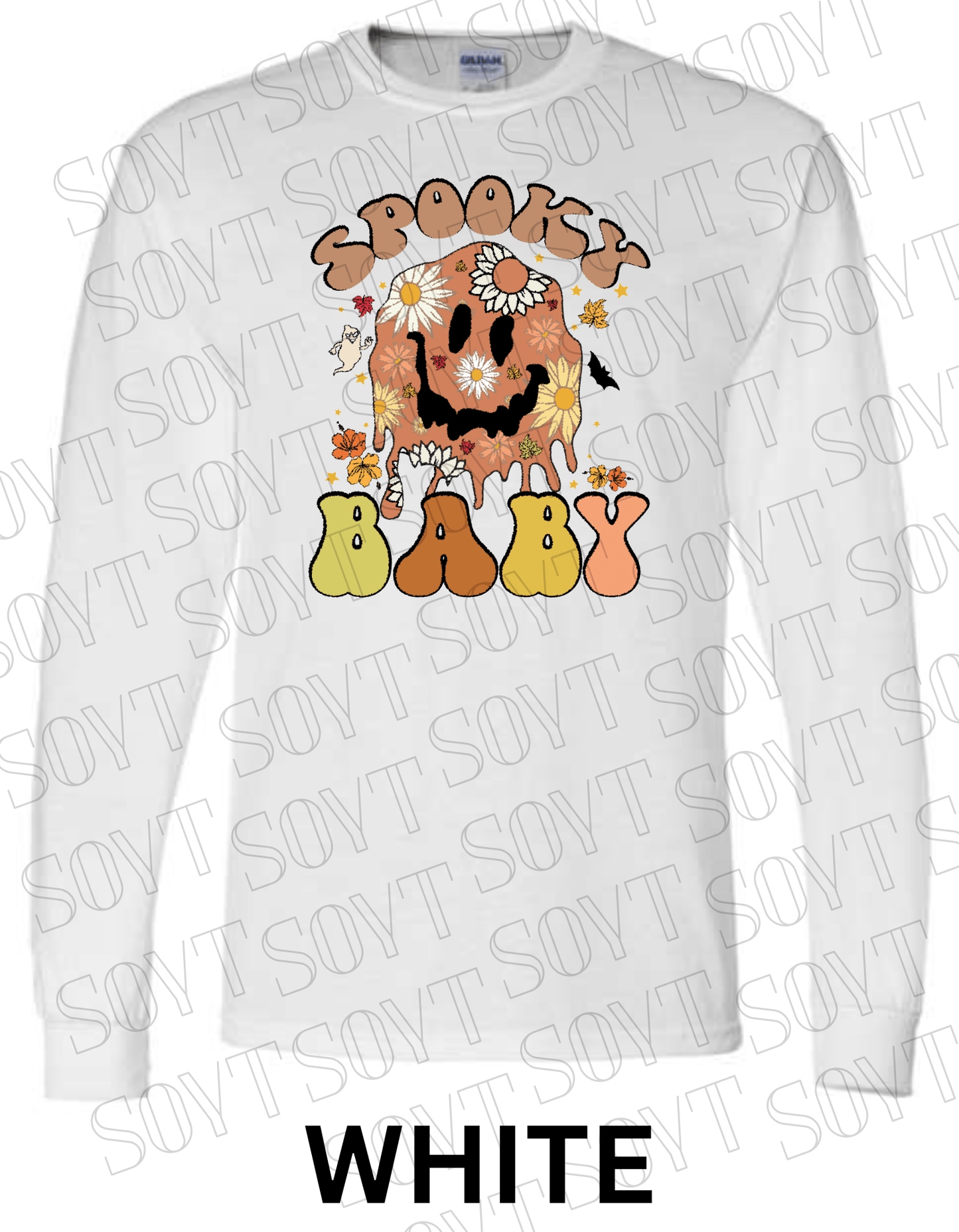 Spooky Baby Halloween Long Sleeve – Retro Floral Smiley Face & Fall Daisies Shirt - Festive Apparel StoreWhite