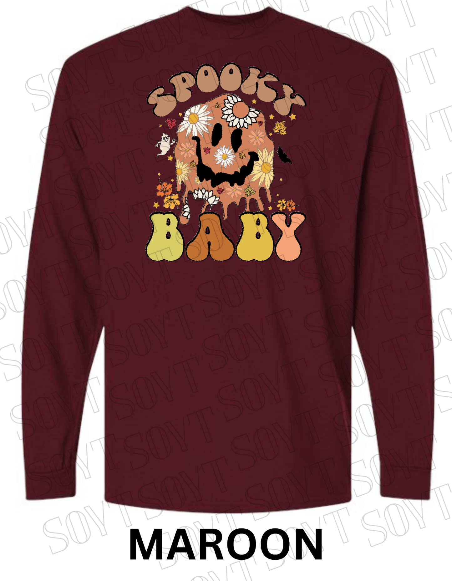Spooky Baby Halloween Long Sleeve – Retro Floral Smiley Face & Fall Daisies Shirt - Festive Apparel StoreMaroon