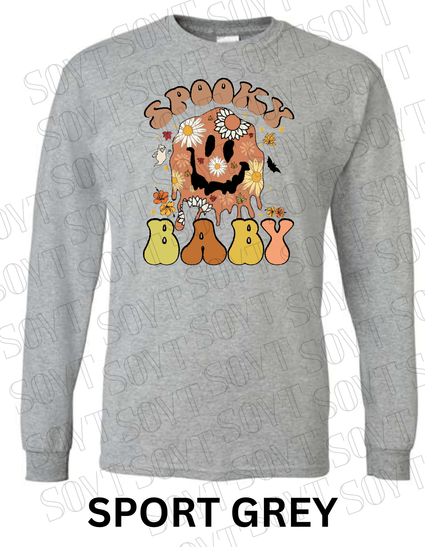 Spooky Baby Halloween Long Sleeve – Retro Floral Smiley Face & Fall Daisies Shirt - Festive Apparel StoreSport Grey