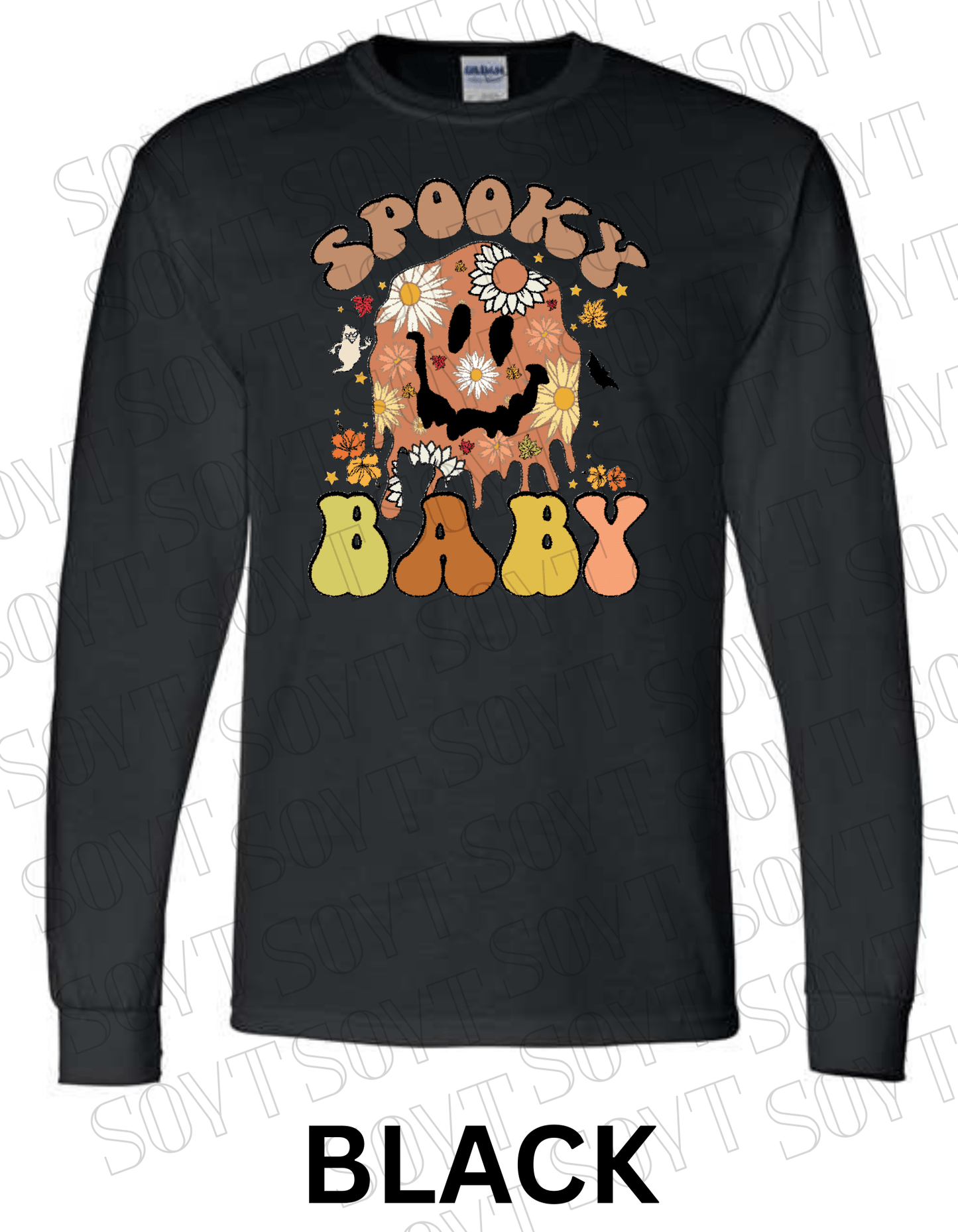 Spooky Baby Halloween Long Sleeve – Retro Floral Smiley Face & Fall Daisies Shirt - Festive Apparel StoreBlack