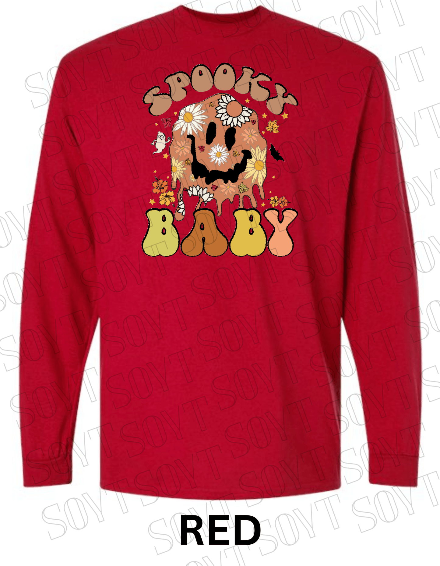 Spooky Baby Halloween Long Sleeve – Retro Floral Smiley Face & Fall Daisies Shirt - Festive Apparel StoreRed