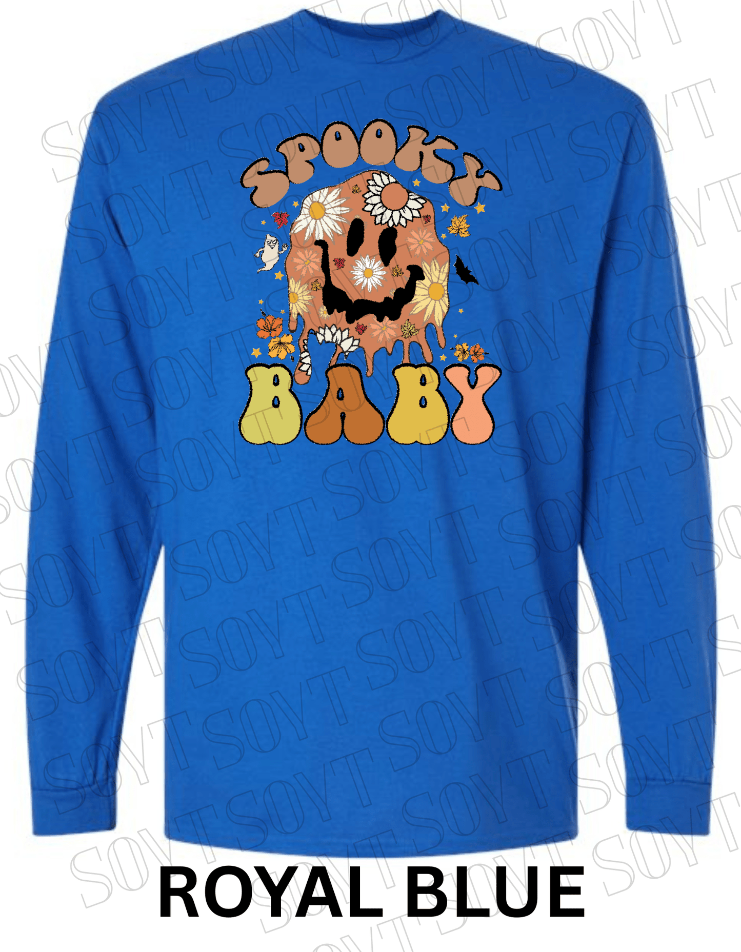 Spooky Baby Halloween Long Sleeve – Retro Floral Smiley Face & Fall Daisies Shirt - Festive Apparel StoreRoyal Blue
