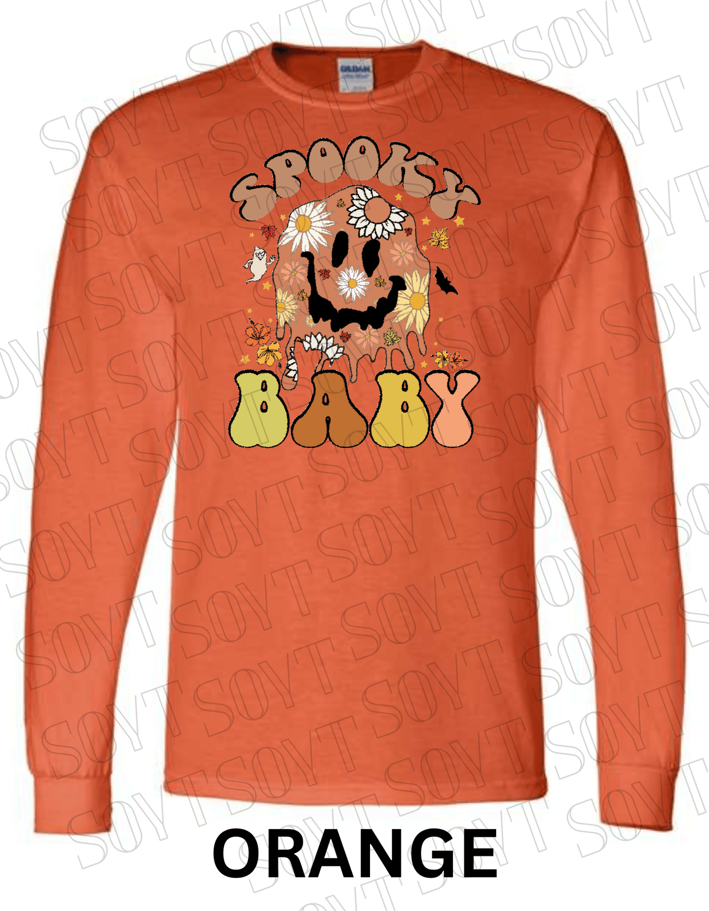 Spooky Baby Halloween Long Sleeve – Retro Floral Smiley Face & Fall Daisies Shirt - Festive Apparel StoreOrange