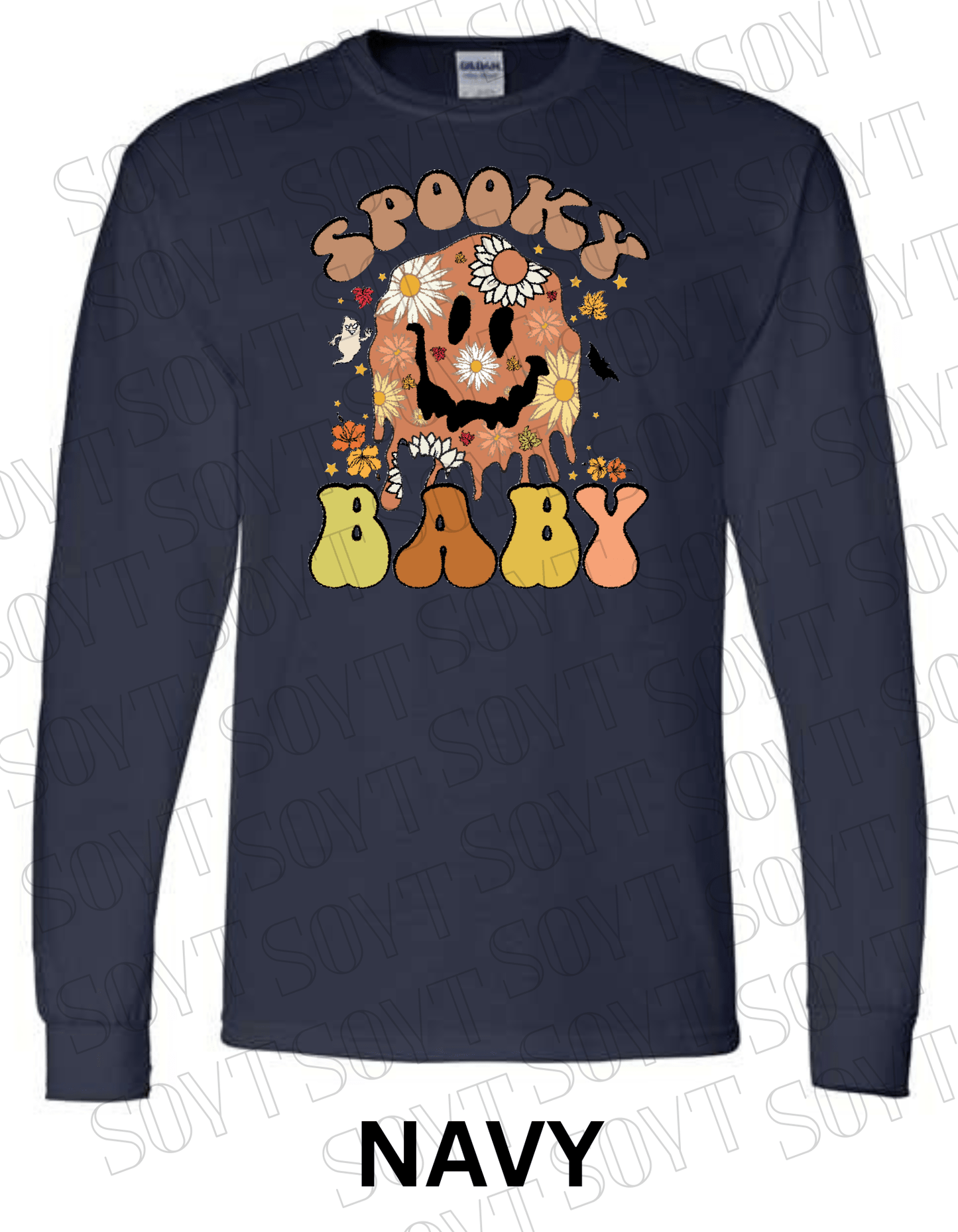Spooky Baby Halloween Long Sleeve – Retro Floral Smiley Face & Fall Daisies Shirt - Festive Apparel StoreNavy Blue