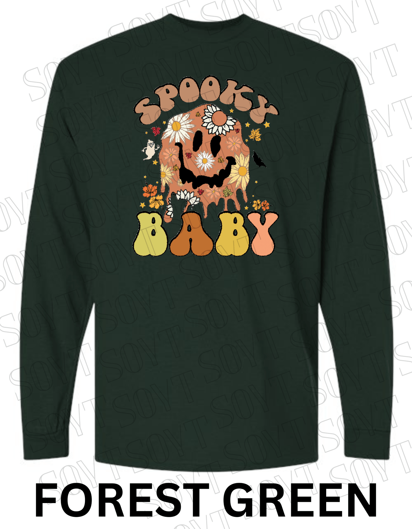 Spooky Baby Halloween Long Sleeve – Retro Floral Smiley Face & Fall Daisies Shirt - Festive Apparel StoreForest Green