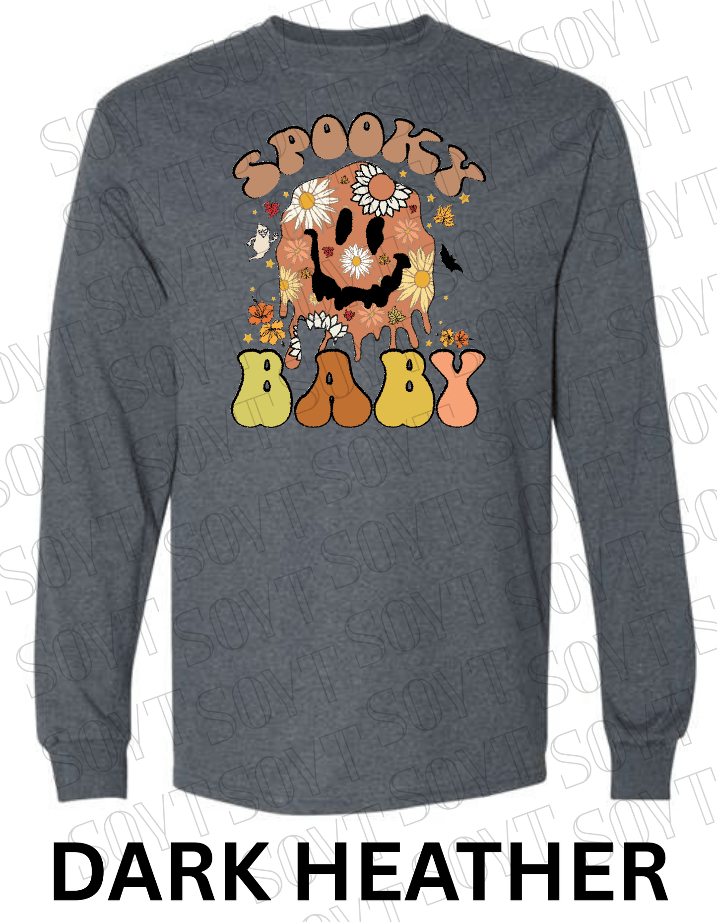 Spooky Baby Halloween Long Sleeve – Retro Floral Smiley Face & Fall Daisies Shirt - Festive Apparel StoreDark Heather