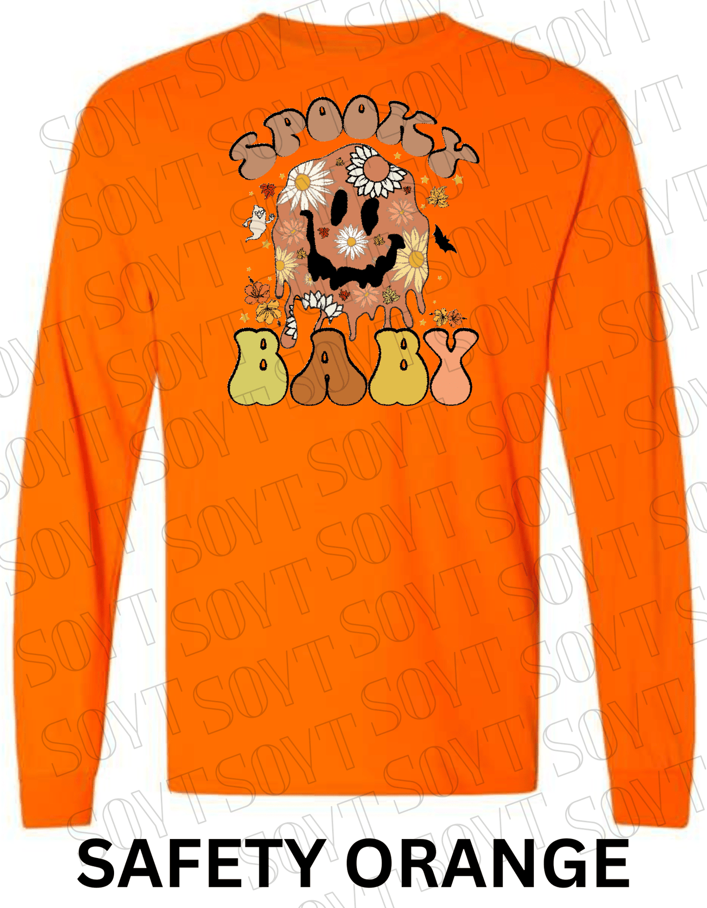Spooky Baby Halloween Long Sleeve – Retro Floral Smiley Face & Fall Daisies Shirt - Festive Apparel StoreSafety Orange