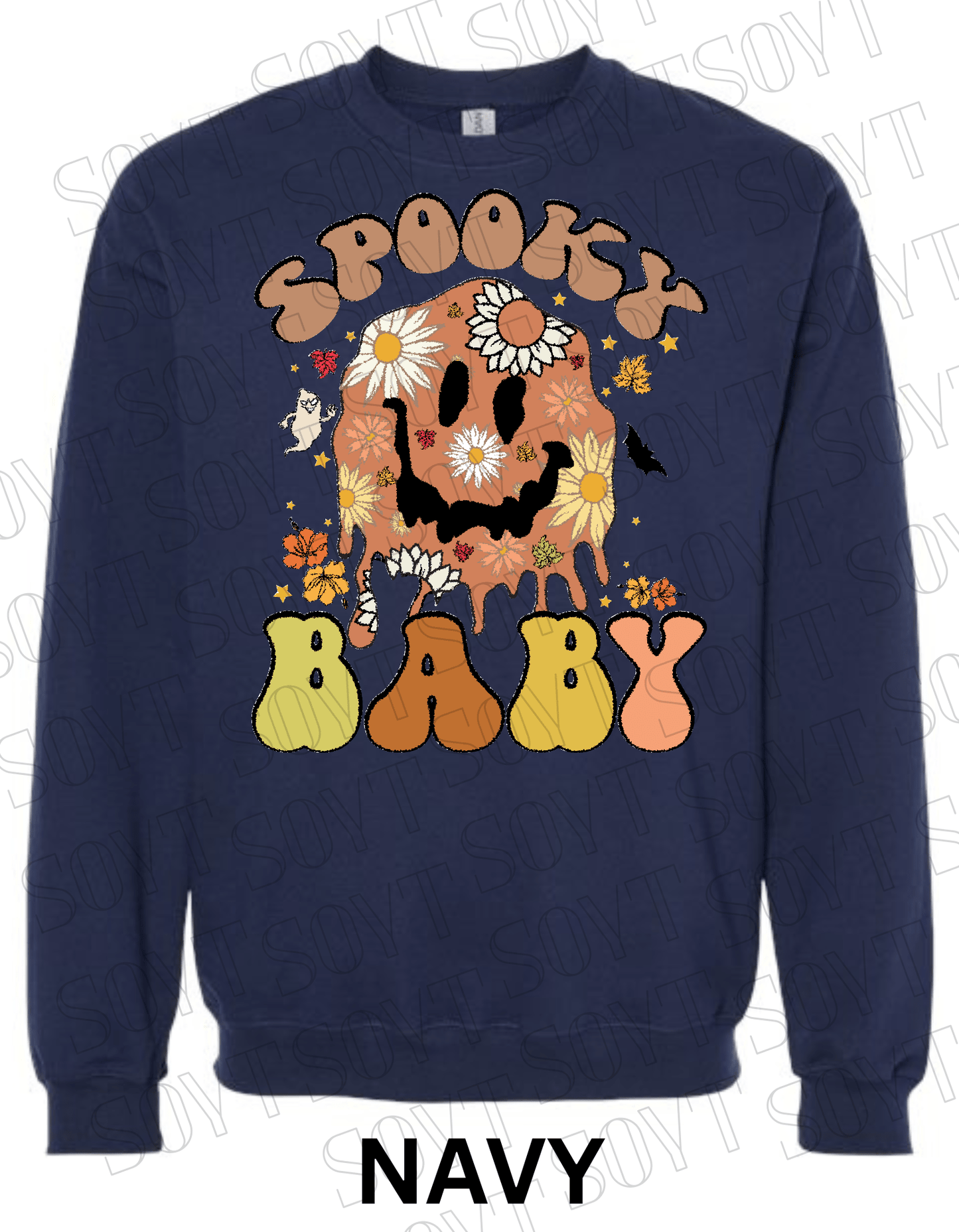 Spooky Baby Halloween Sweatshirt – Retro Floral Smiley Face & Daisy Fall Pullover - Festive Apparel StoreNavy Blue