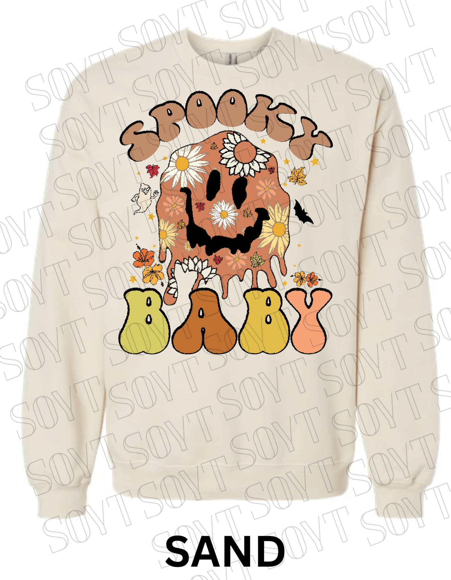 Spooky Baby Halloween Sweatshirt – Retro Floral Smiley Face & Daisy Fall Pullover - Festive Apparel StoreSand