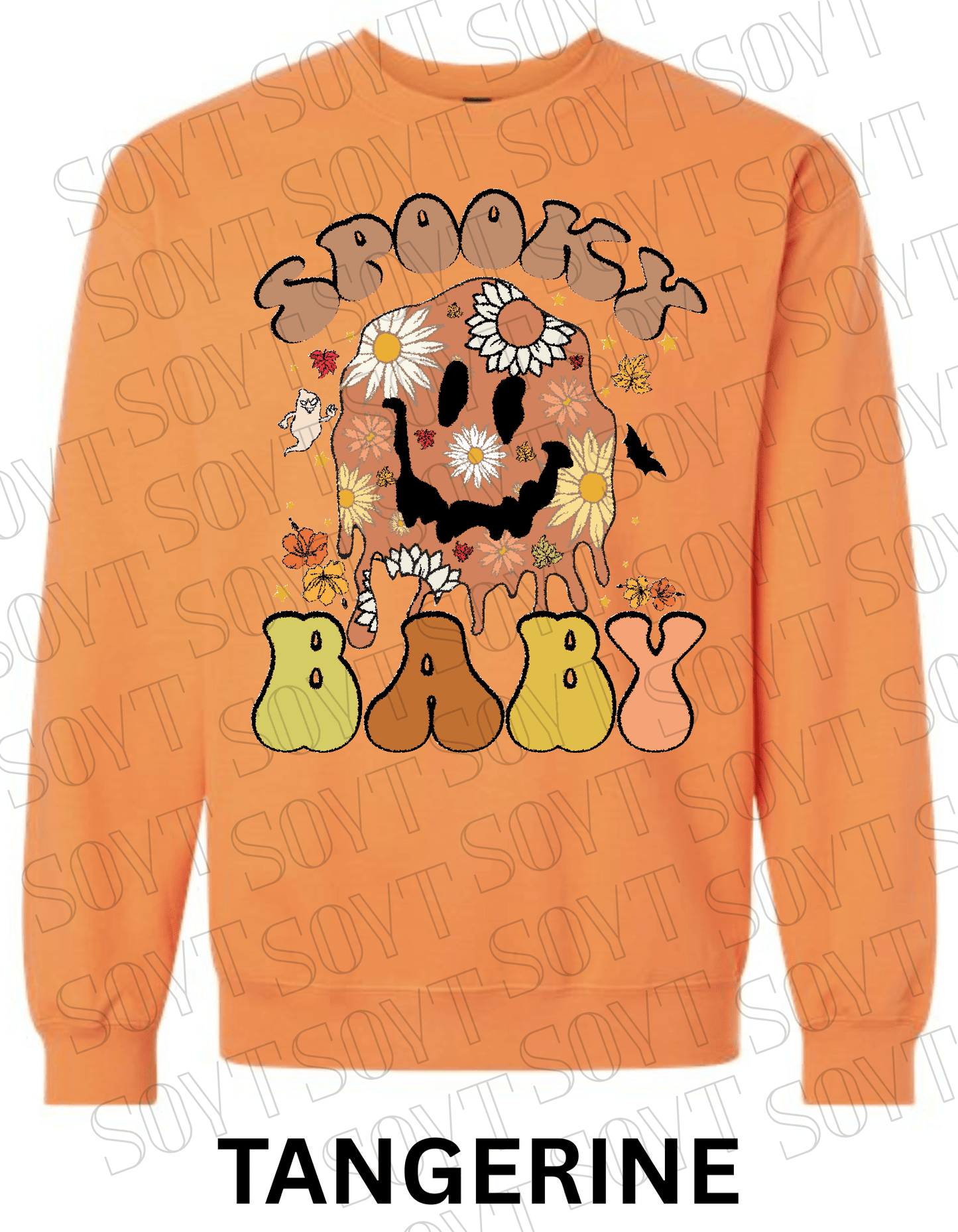 Spooky Baby Halloween Sweatshirt – Retro Floral Smiley Face & Daisy Fall Pullover - Festive Apparel StoreTangerine