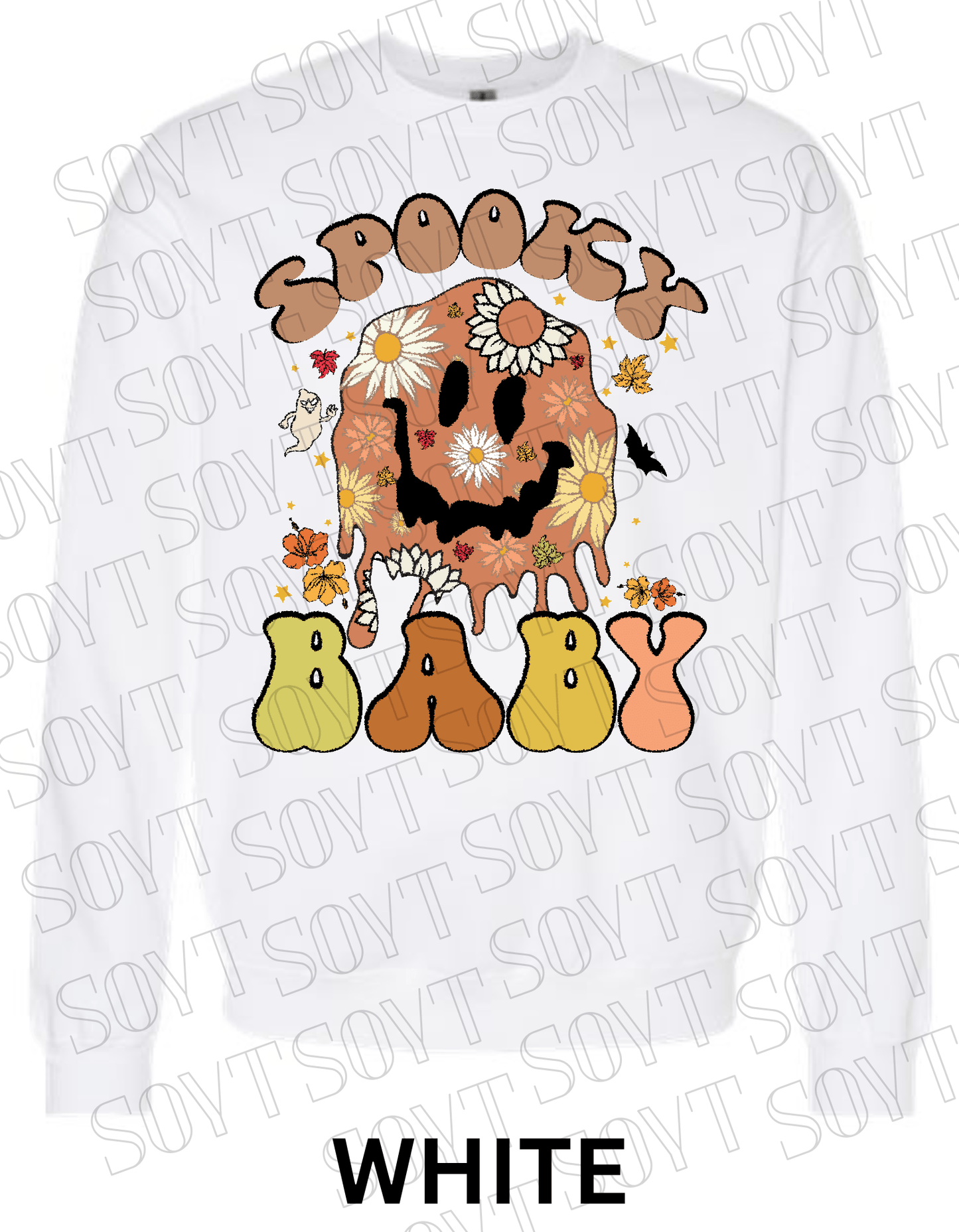 Spooky Baby Halloween Sweatshirt – Retro Floral Smiley Face & Daisy Fall Pullover - Festive Apparel StoreWhite