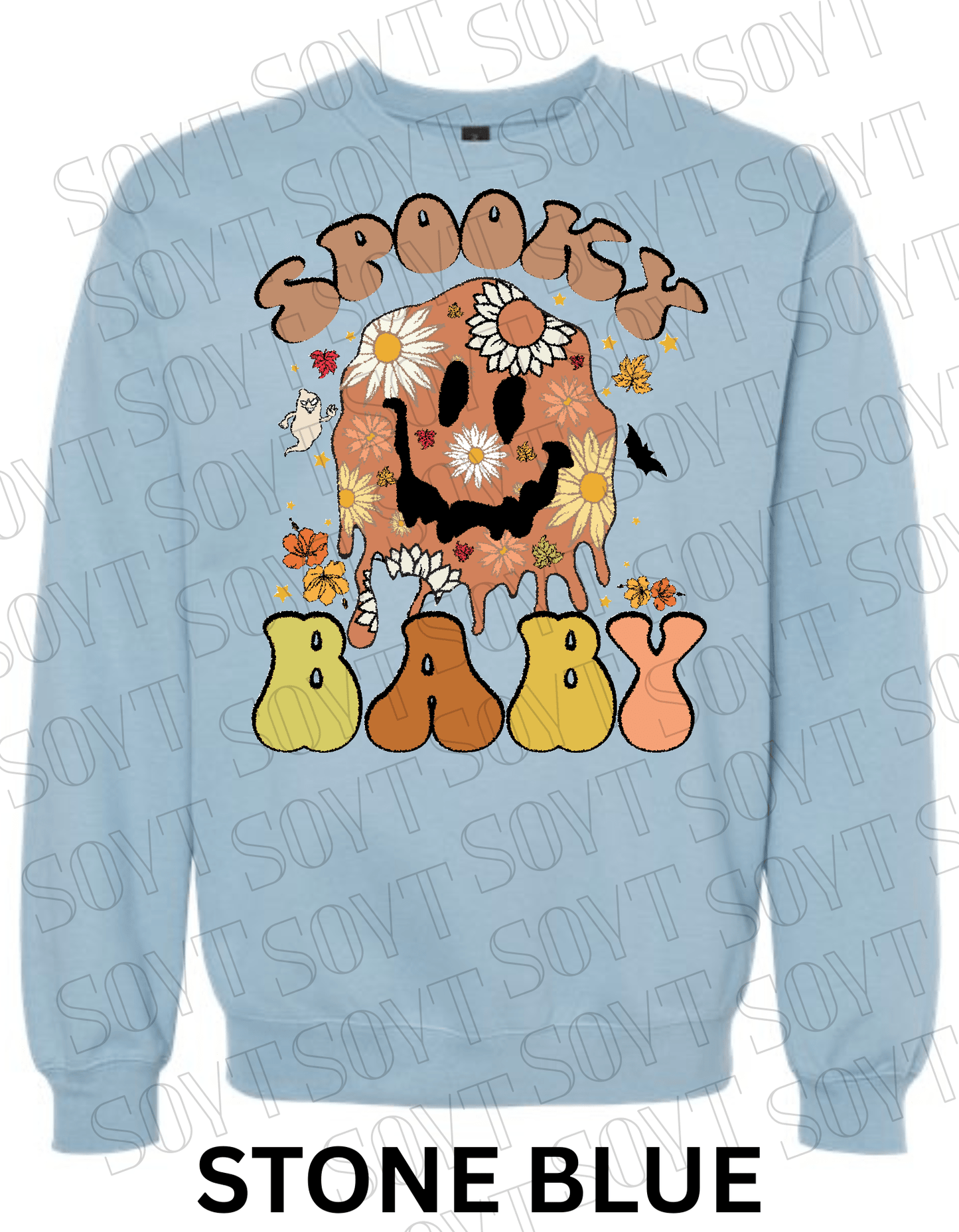 Spooky Baby Halloween Sweatshirt – Retro Floral Smiley Face & Daisy Fall Pullover - Festive Apparel StoreStone Blue