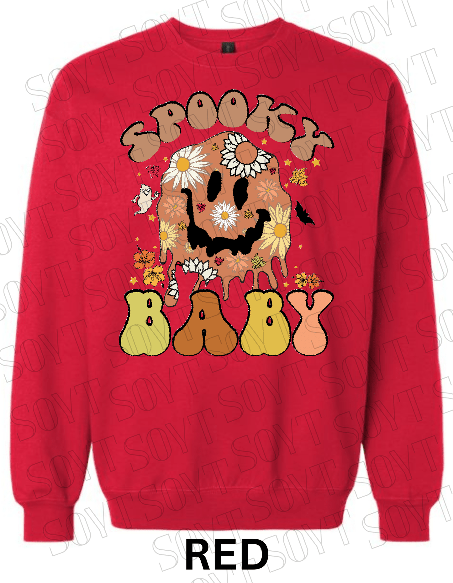 Spooky Baby Halloween Sweatshirt – Retro Floral Smiley Face & Daisy Fall Pullover - Festive Apparel StoreRed