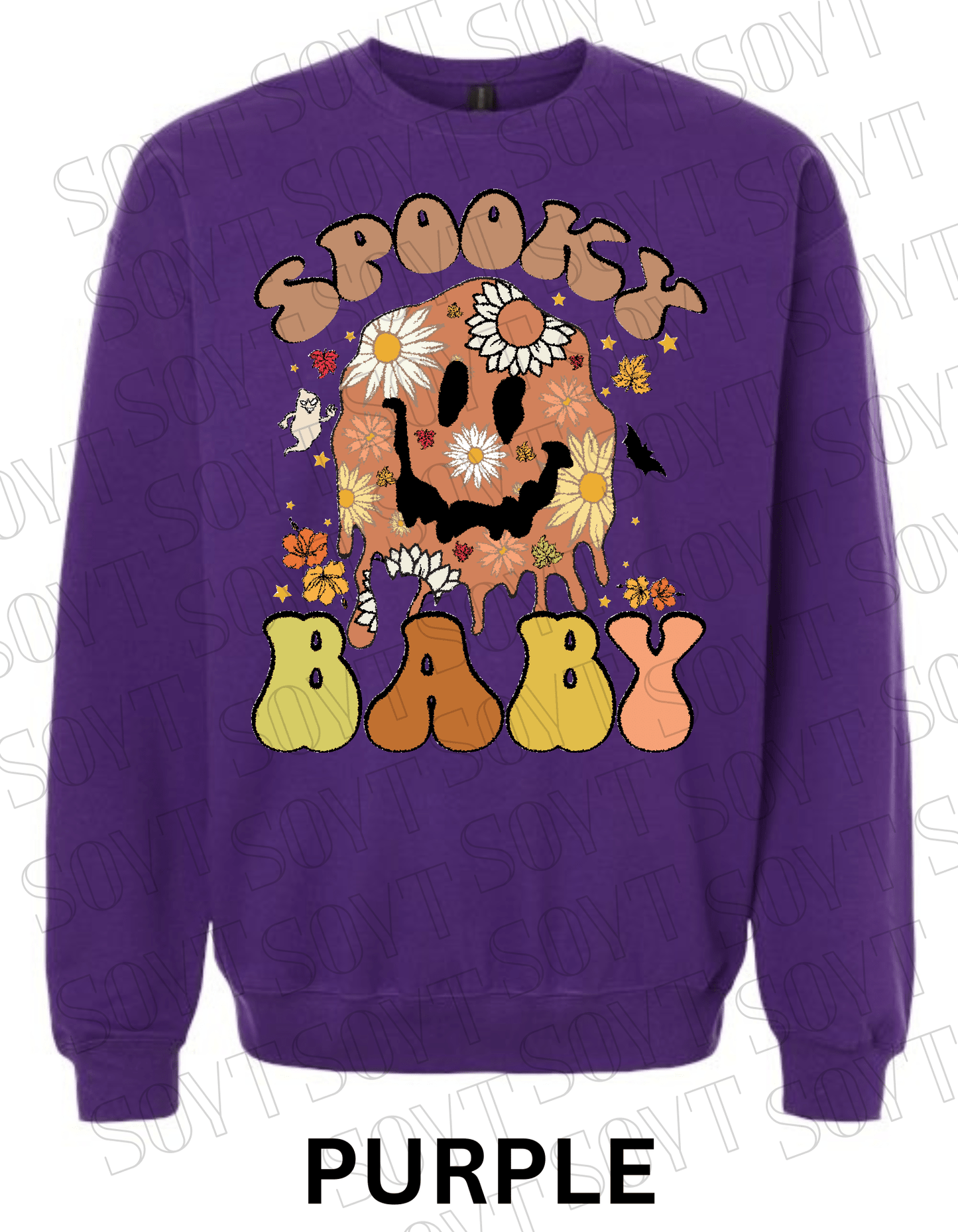 Spooky Baby Halloween Sweatshirt – Retro Floral Smiley Face & Daisy Fall Pullover - Festive Apparel StorePurple