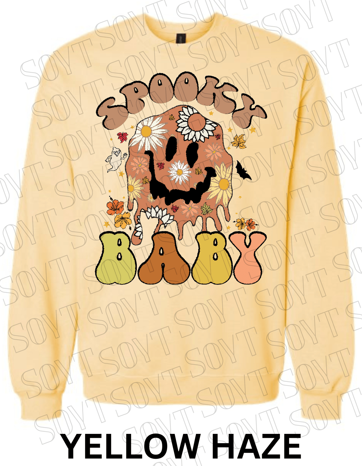 Spooky Baby Halloween Sweatshirt – Retro Floral Smiley Face & Daisy Fall Pullover - Festive Apparel StoreYellow Haze