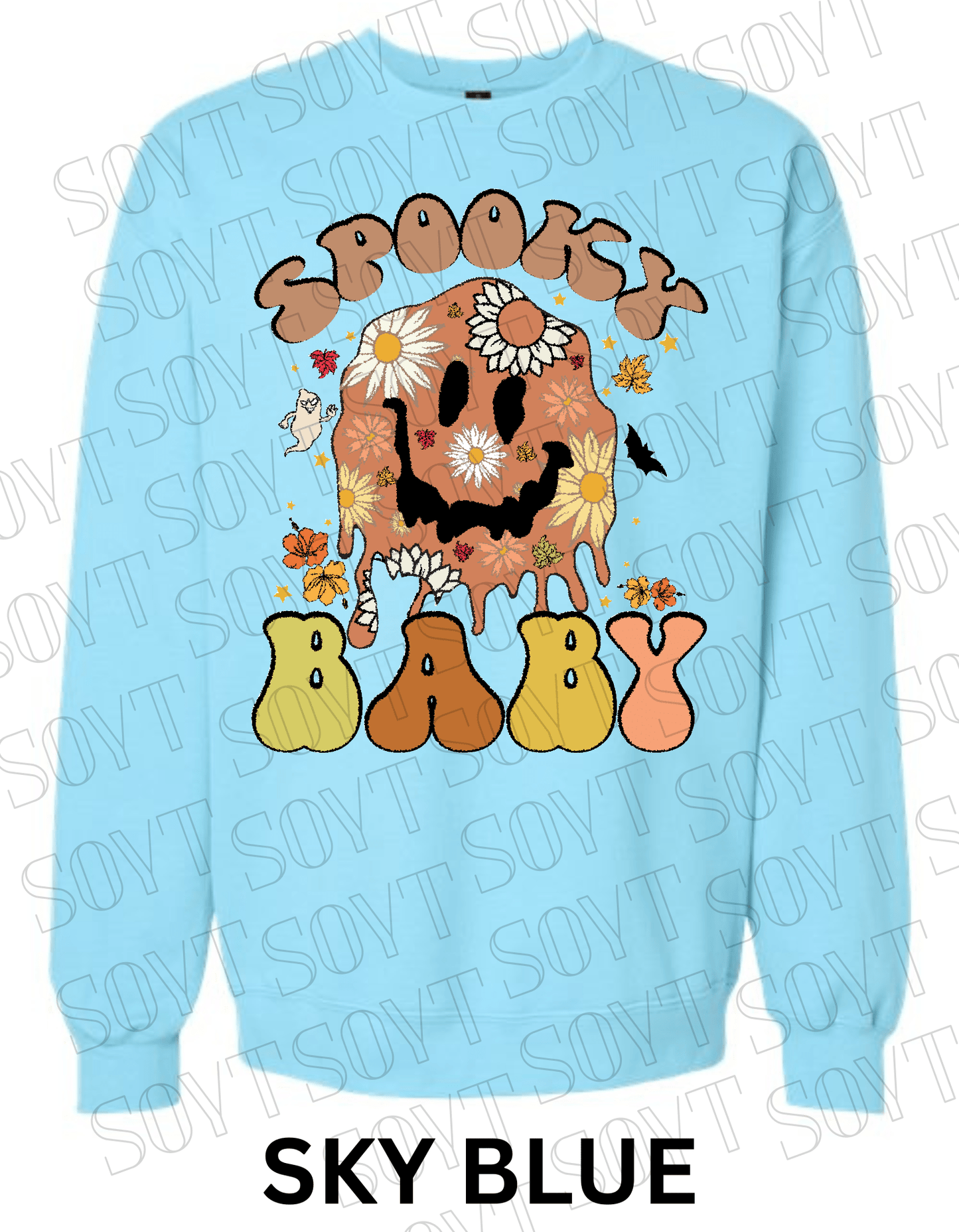 Spooky Baby Halloween Sweatshirt – Retro Floral Smiley Face & Daisy Fall Pullover - Festive Apparel StoreSky Blue