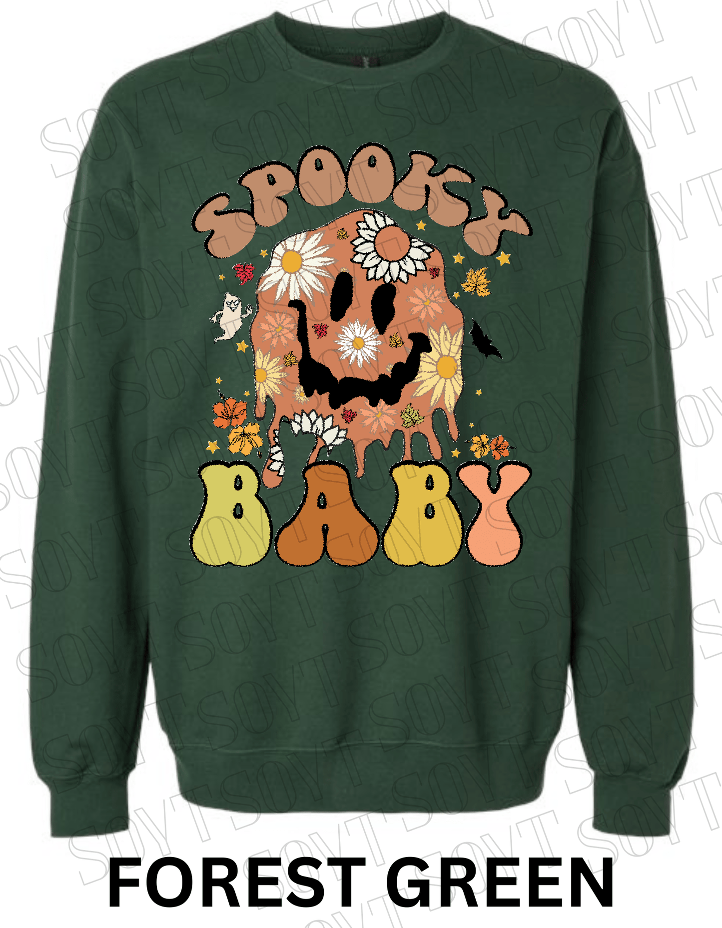 Spooky Baby Halloween Sweatshirt – Retro Floral Smiley Face & Daisy Fall Pullover - Festive Apparel StoreForest Green