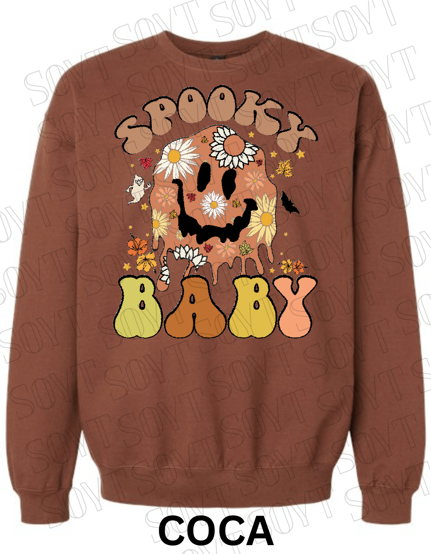 Spooky Baby Halloween Sweatshirt – Retro Floral Smiley Face & Daisy Fall Pullover - Festive Apparel StoreCocoa Brown