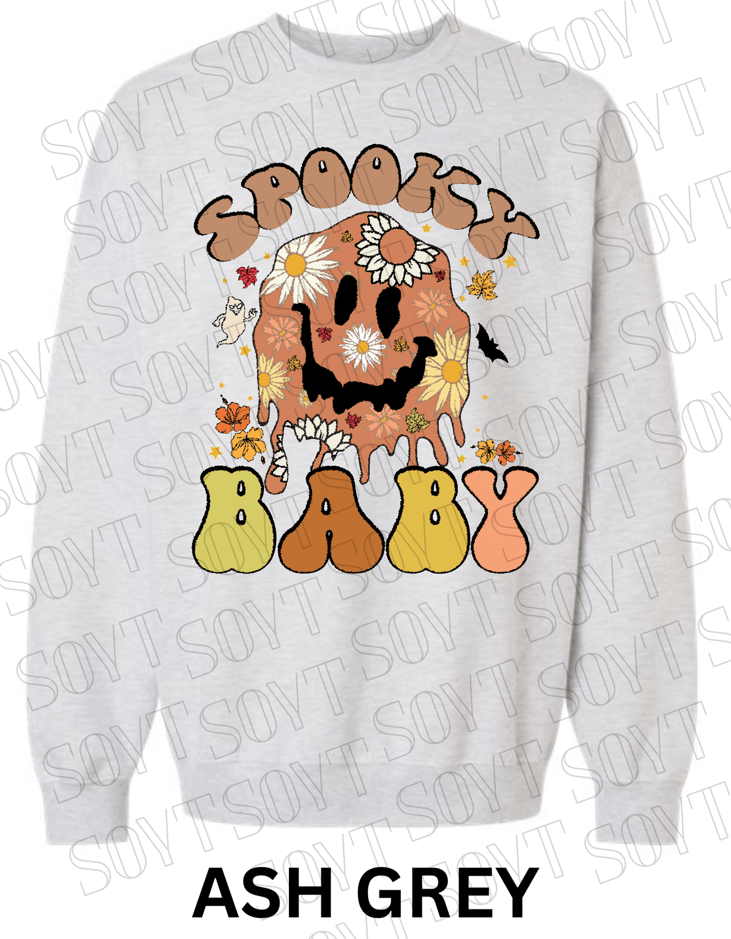 Spooky Baby Halloween Sweatshirt – Retro Floral Smiley Face & Daisy Fall Pullover - Festive Apparel StoreAsh Grey