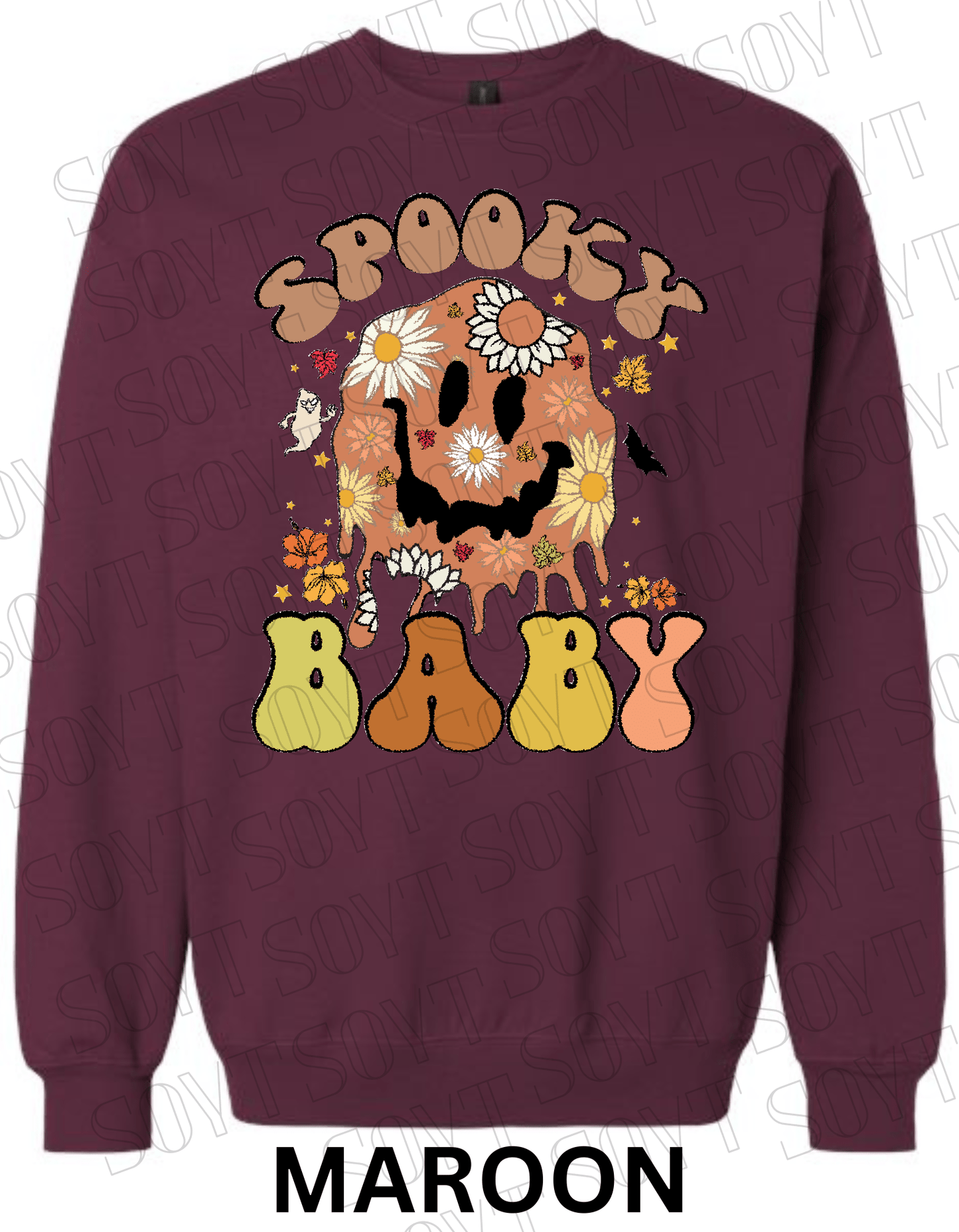 Spooky Baby Halloween Sweatshirt – Retro Floral Smiley Face & Daisy Fall Pullover - Festive Apparel StoreMaroon