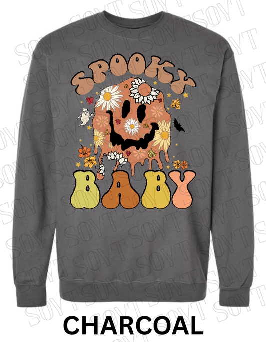 Spooky Baby Halloween Sweatshirt – Retro Floral Smiley Face & Daisy Fall Pullover - Festive Apparel StoreCharcoal