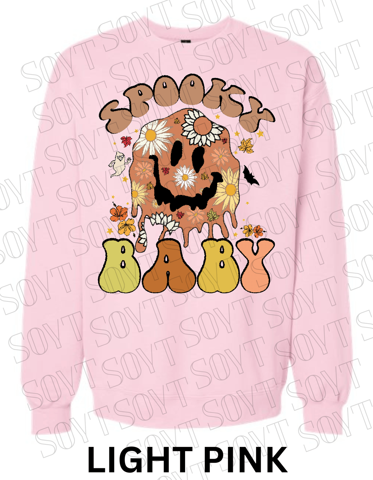 Spooky Baby Halloween Sweatshirt – Retro Floral Smiley Face & Daisy Fall Pullover - Festive Apparel StoreLight Pink