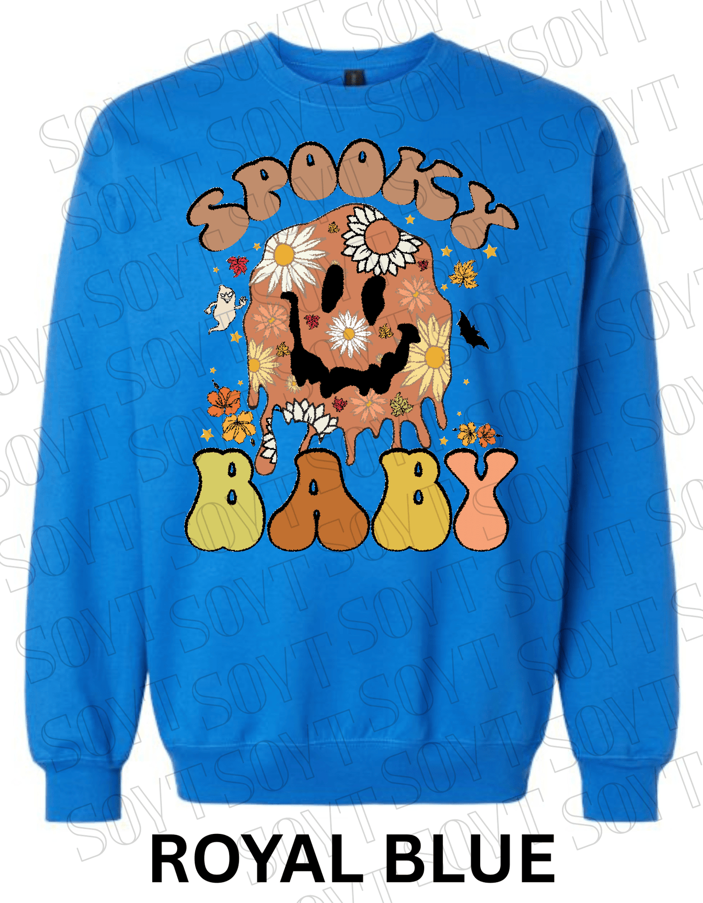 Spooky Baby Halloween Sweatshirt – Retro Floral Smiley Face & Daisy Fall Pullover - Festive Apparel StoreRoyal Blue