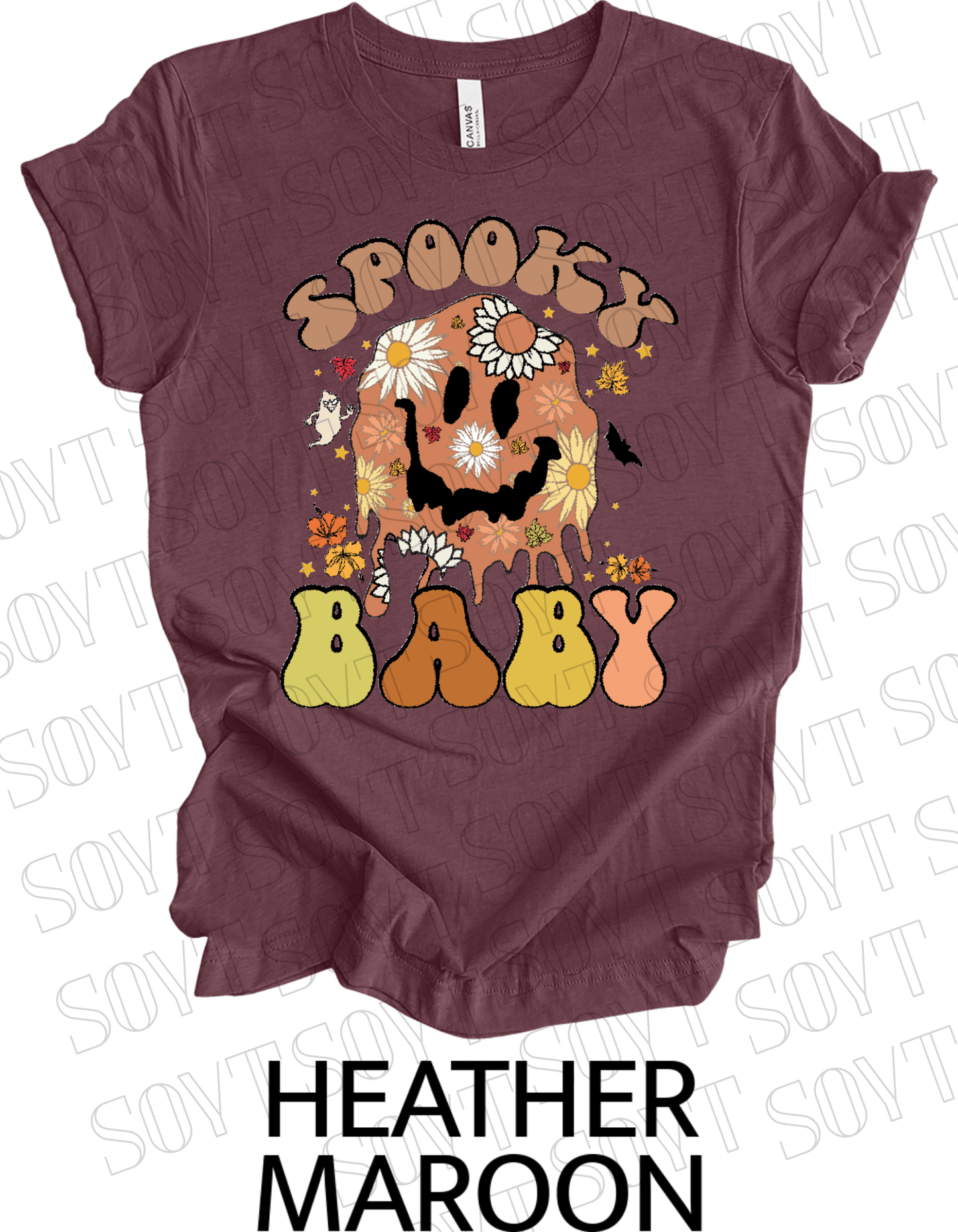 Spooky Baby Halloween T-Shirt – Retro Floral Smiley Face & Fall Daisies Graphic Tee - Festive Apparel StoreHeather Maroon