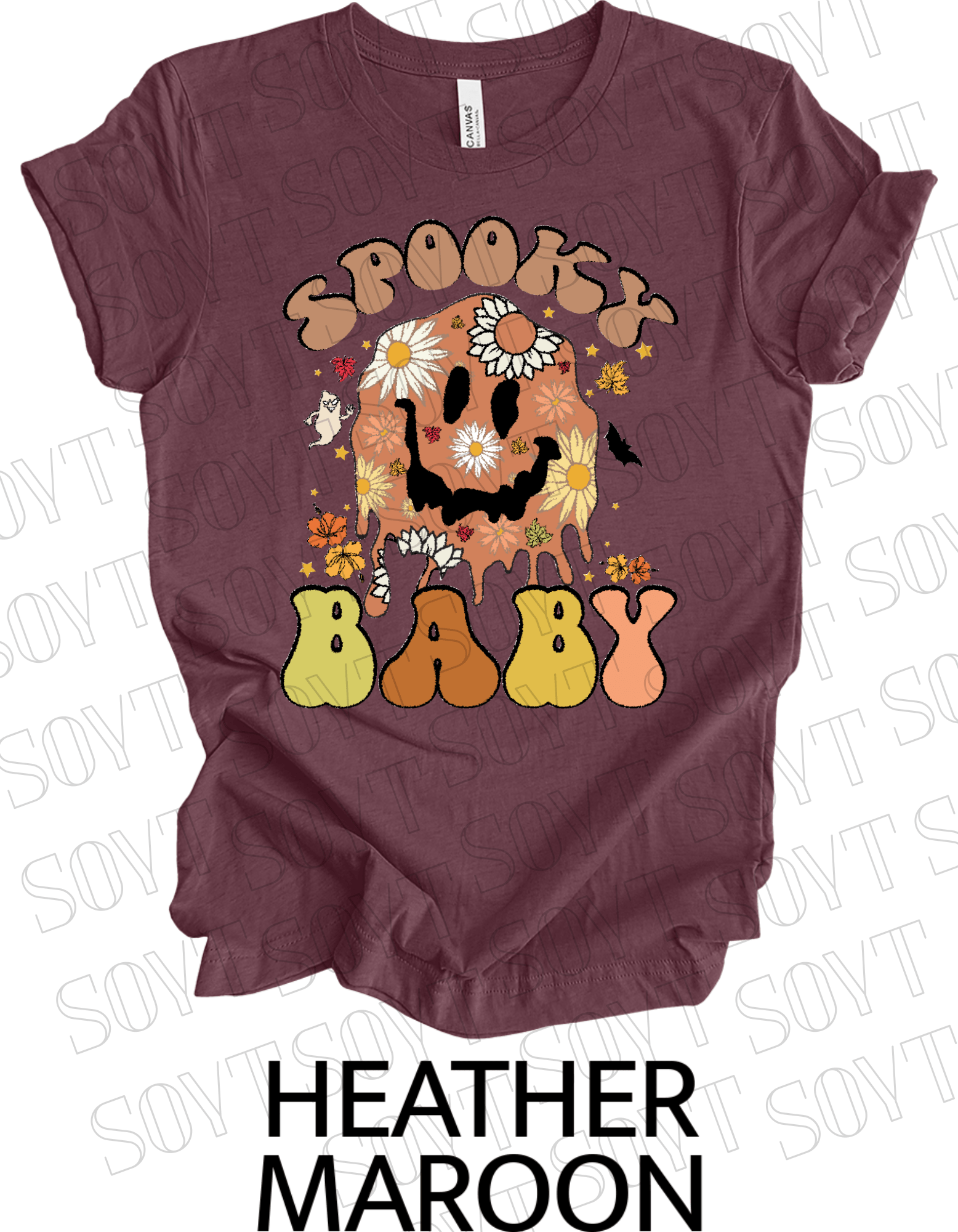 Spooky Baby Halloween T-Shirt – Retro Floral Smiley Face & Fall Daisies Graphic Tee - Festive Apparel StoreHeather Maroon