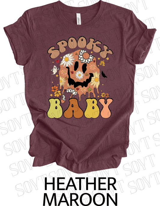 Spooky Baby Halloween T-Shirt – Retro Floral Smiley Face & Fall Daisies Graphic Tee - Festive Apparel StoreHeather Maroon