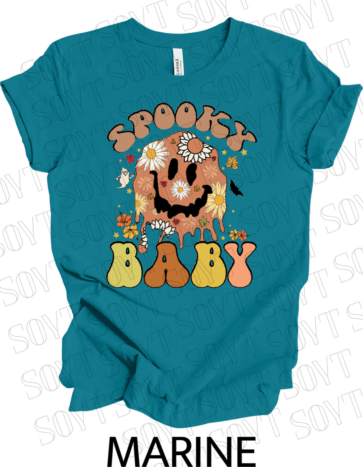 Spooky Baby Halloween T-Shirt – Retro Floral Smiley Face & Fall Daisies Graphic Tee - Festive Apparel StoreMarine