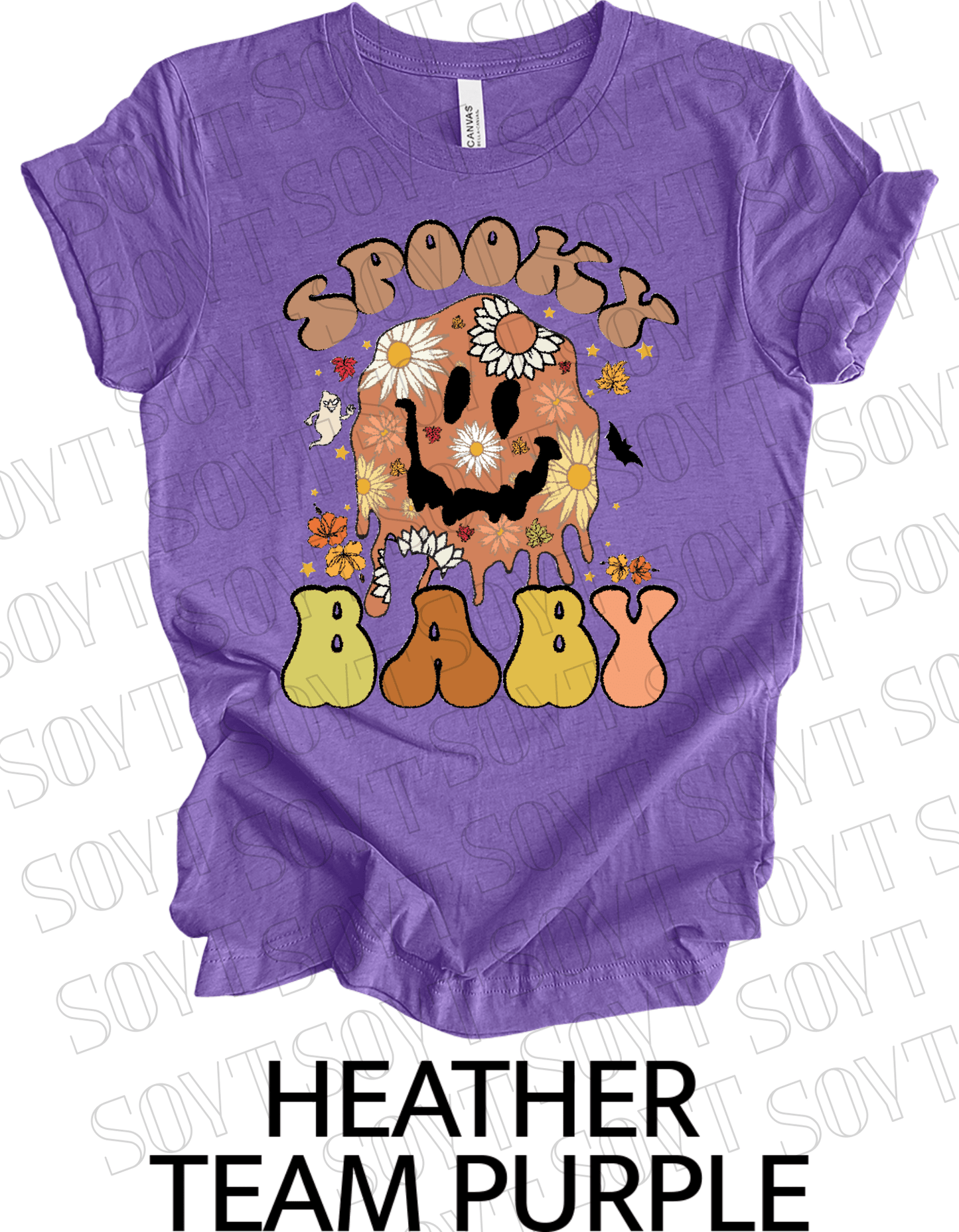 Spooky Baby Halloween T-Shirt – Retro Floral Smiley Face & Fall Daisies Graphic Tee - Festive Apparel StoreHeather Purple